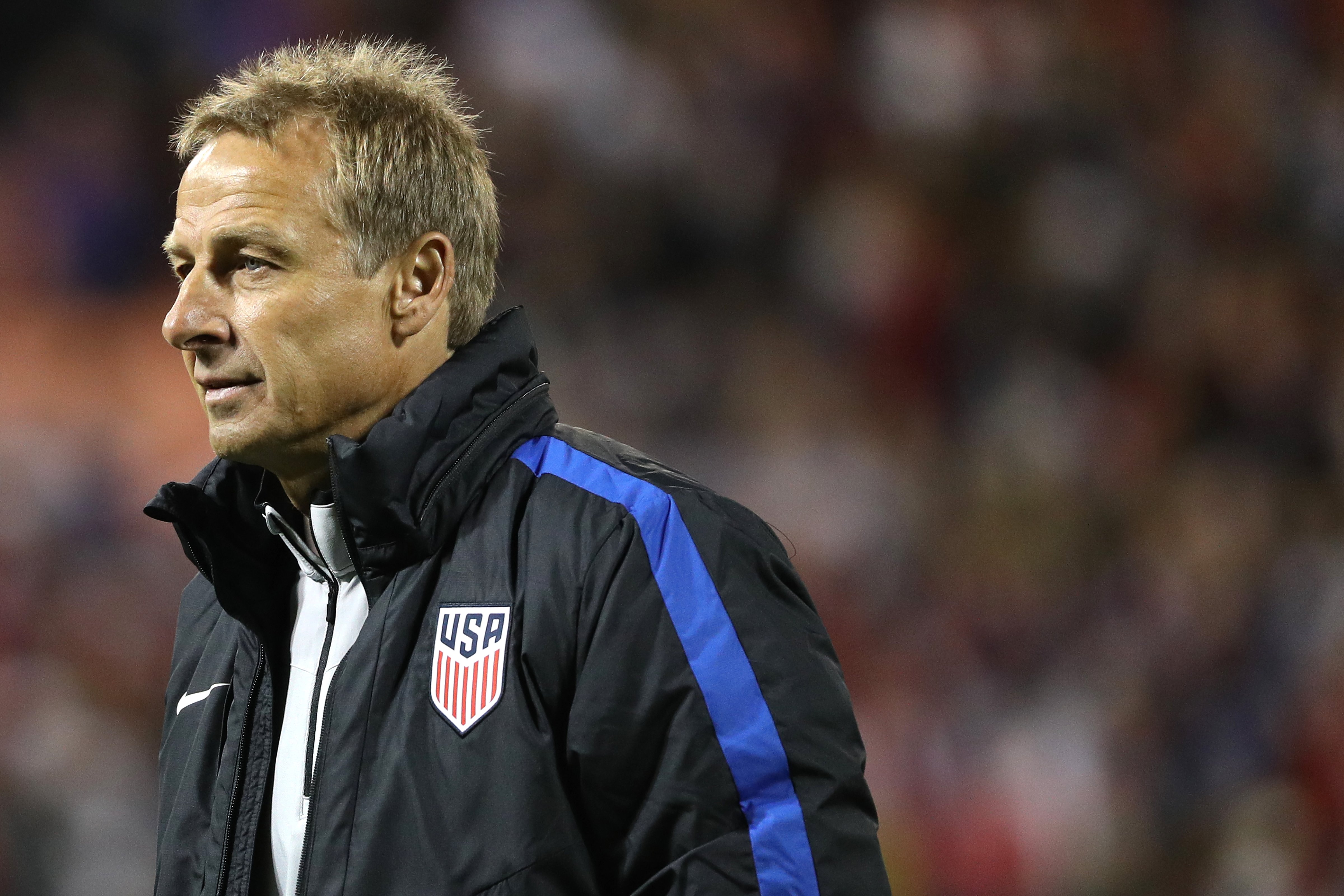 Ex-U.S. soccer head coach Jurgen Klinsmann looks on after playing against New Zealand during an International Friendly at RFK Stadium on October 11, 2016 in Washington, DC. (Patrick Smith&mdash;Getty Images)