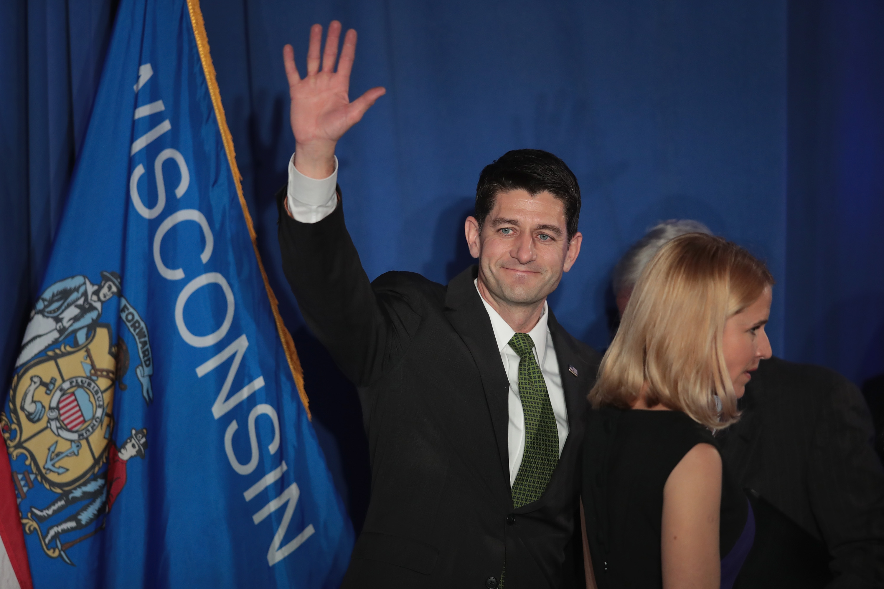 With his wife Janna by his side Speaker of the U.S. House of Representatives Paul Ryan (R-WI) greets supporters at an election-night rally on November 8, 2016 in Janesville, Wisconsin. Scott Olson&mdash;Getty Images (Scott Olson&mdash;Getty Images)