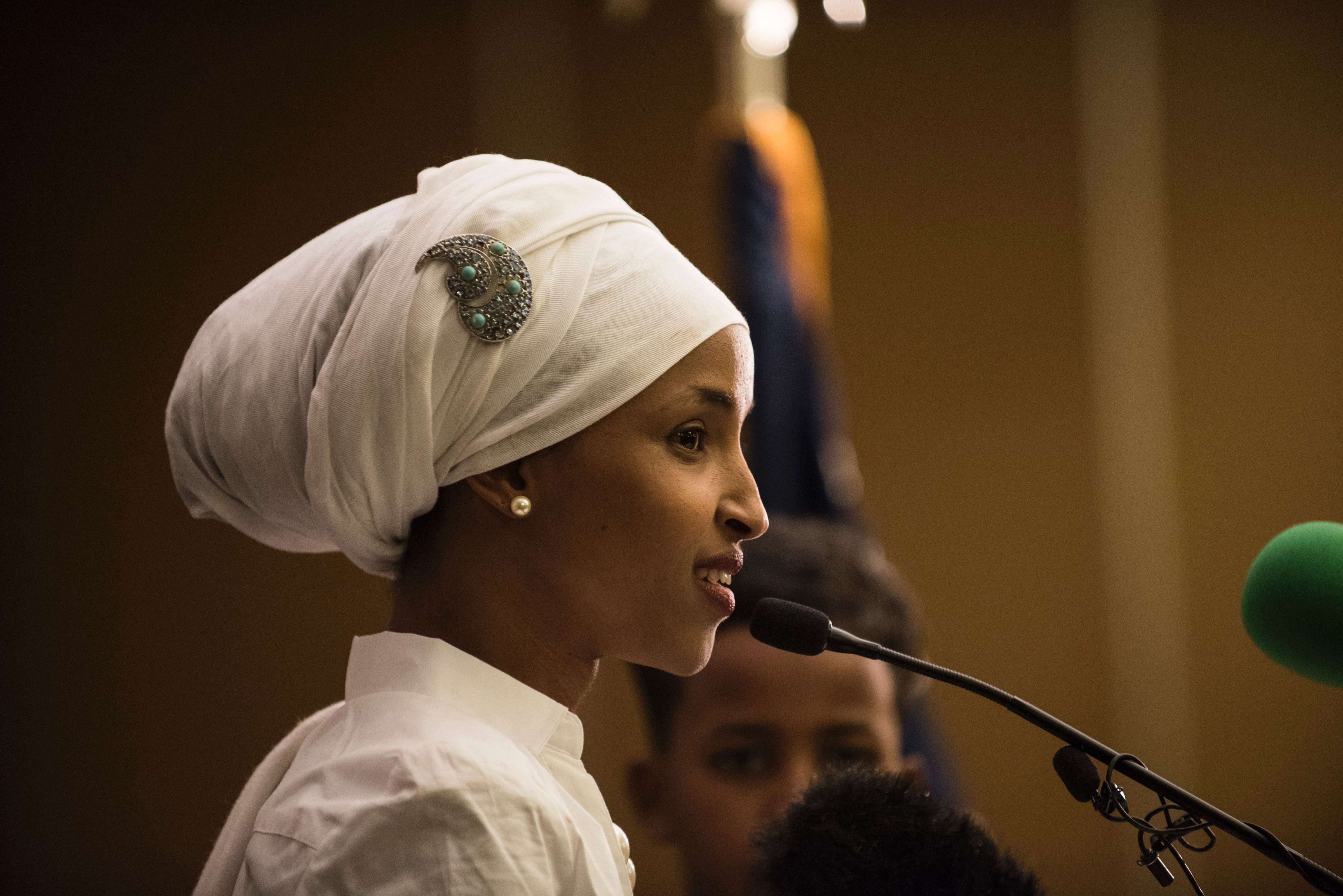 Ilhan Omar, a candidate for State Representative for District 60B in Minnesota, gives an acceptance speech on election night, November 8, 2016 in Minneapolis, Minnesota. (STEPHEN MATUREN—AFP/Getty Images)