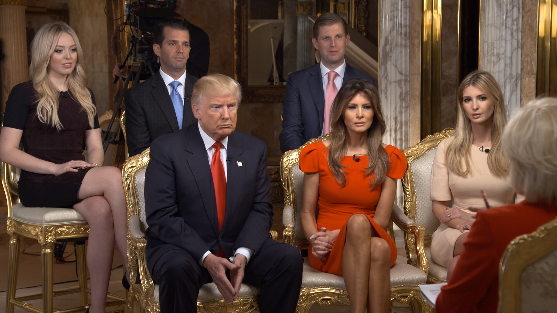 <i>60 Minutes</i> Correspondent Lesley Stahl interviews President-elect Donald J. Trump and his family shown here from left: Tiffany Trump, Donald Trump, Jr., Donald Trump, Eric Trump, Melania Trump, Ivanka Trump at his Manhattan home on November 11. (CBS Photo Archive—Getty Images)