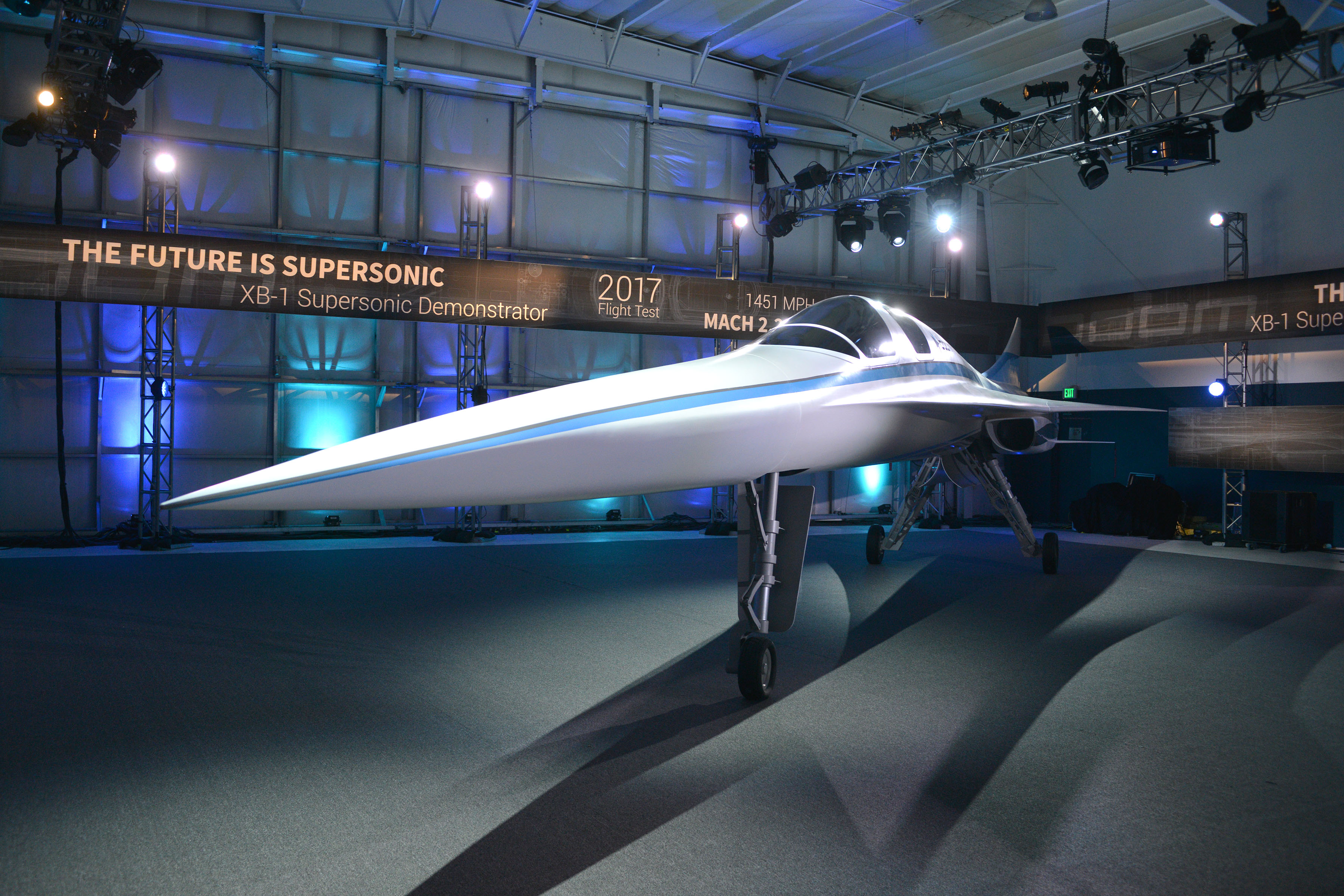 A view of the XB-1 Supersonic Demonstrator at the official unveiling at the Boom Technologies hanger on November 15, 2016 in Englewood, Colorado. (Tom Cooper—Getty Images for Boom Technology)