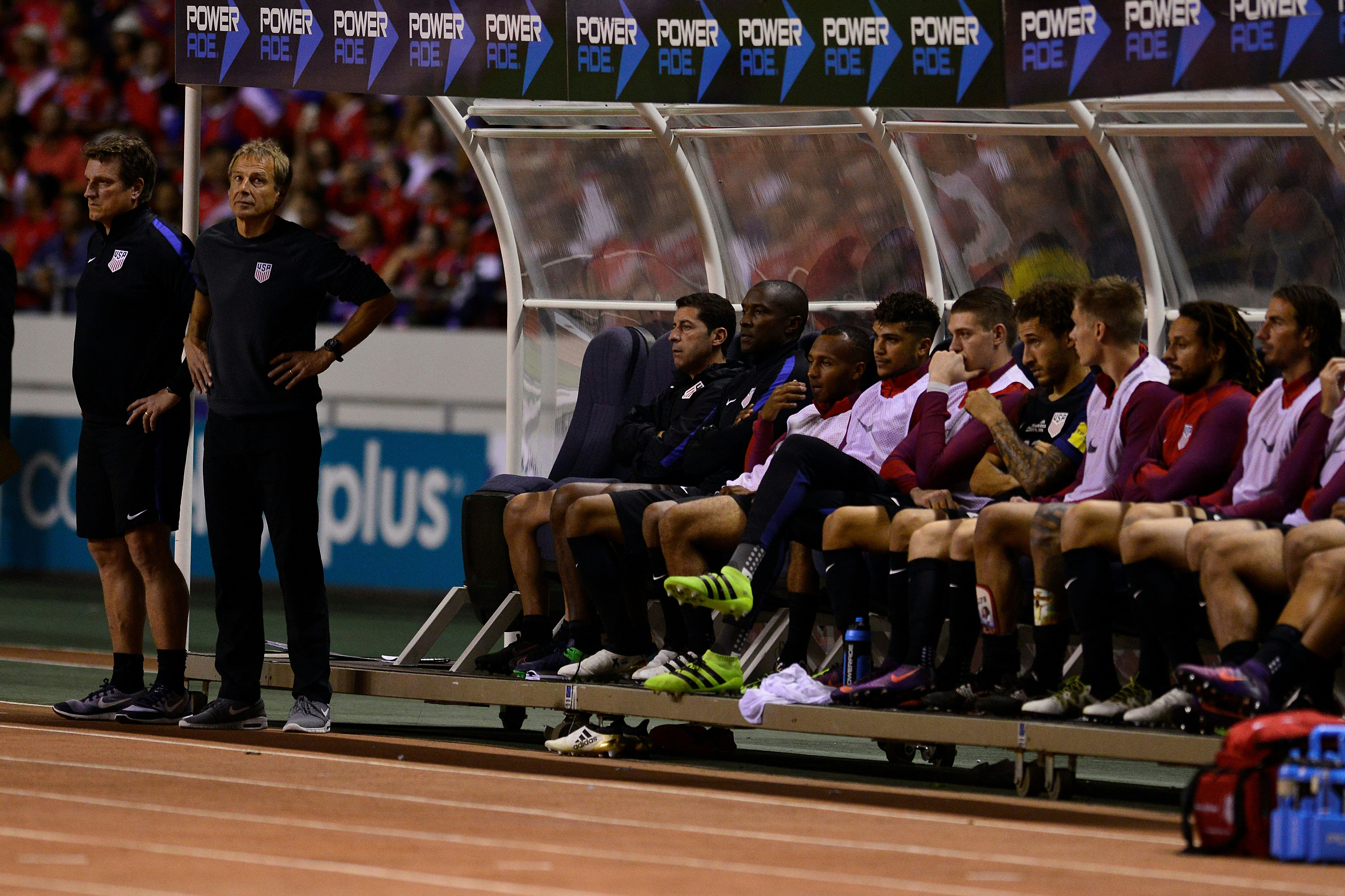 United States' players on the bench react during their 2018 FIFA World Cup qualifier football match against Costa Rica, in San Jose, on November 15, 2016. (EZEQUIEL BECERRA—AFP/Getty Images)