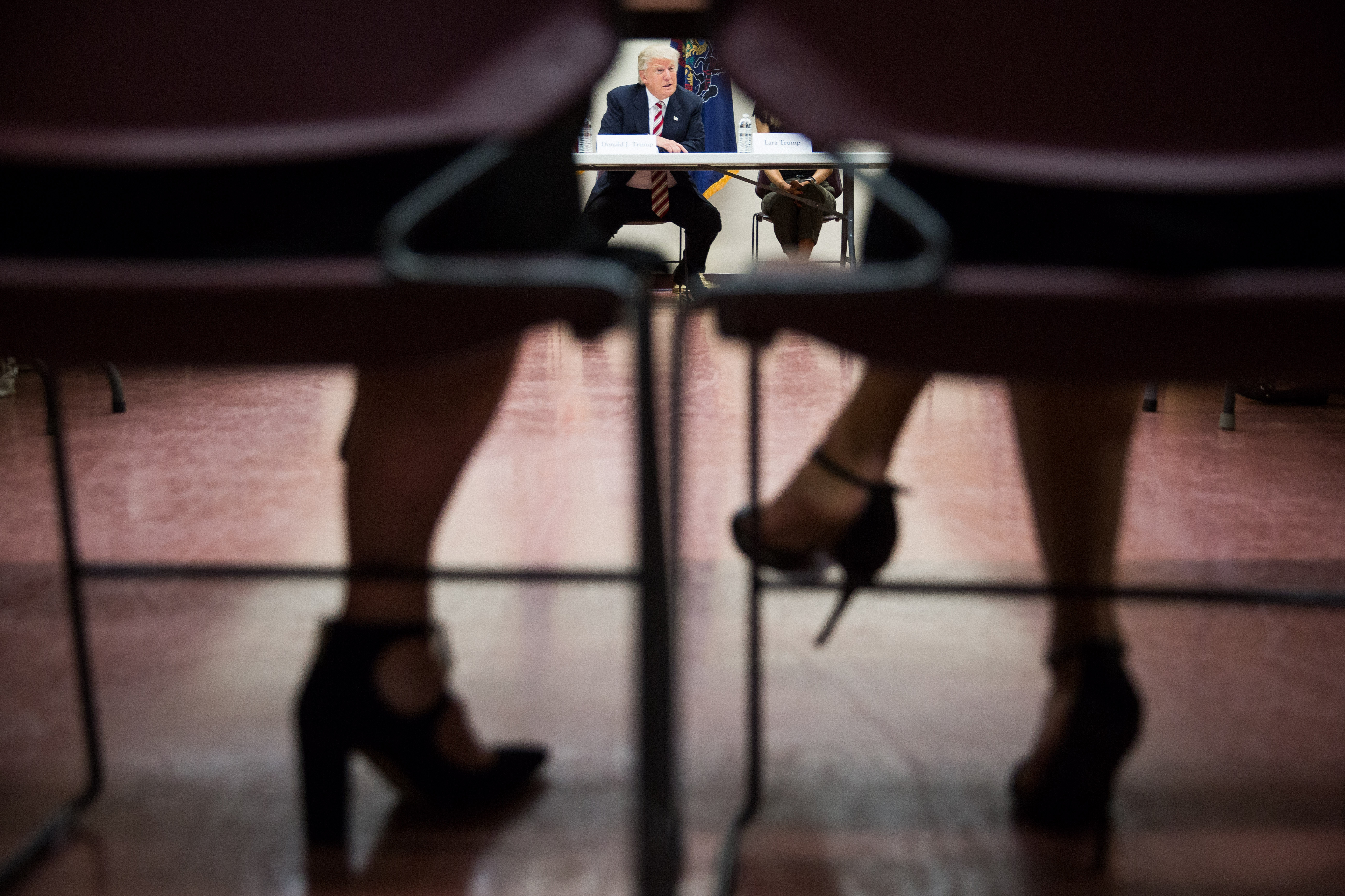 Donald Trump attends a roundtable discussion about child care issues before a campaign event in Aston, Pa., on Sept. 13, 2016.