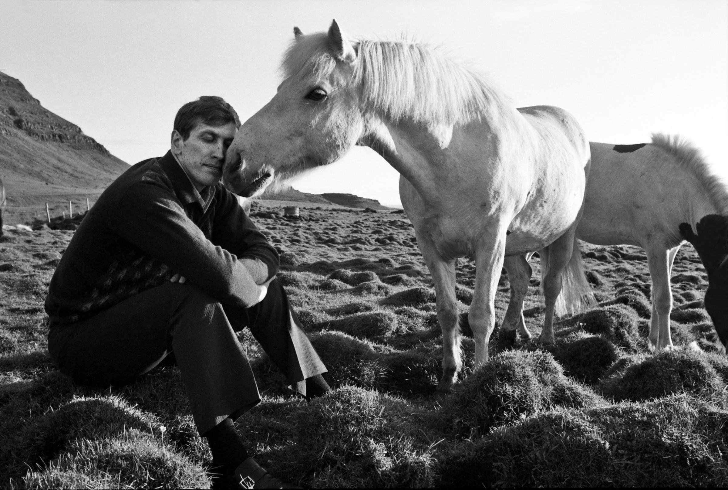 Bobby Fischer with horse in Reykjavik, Iceland, 1972.