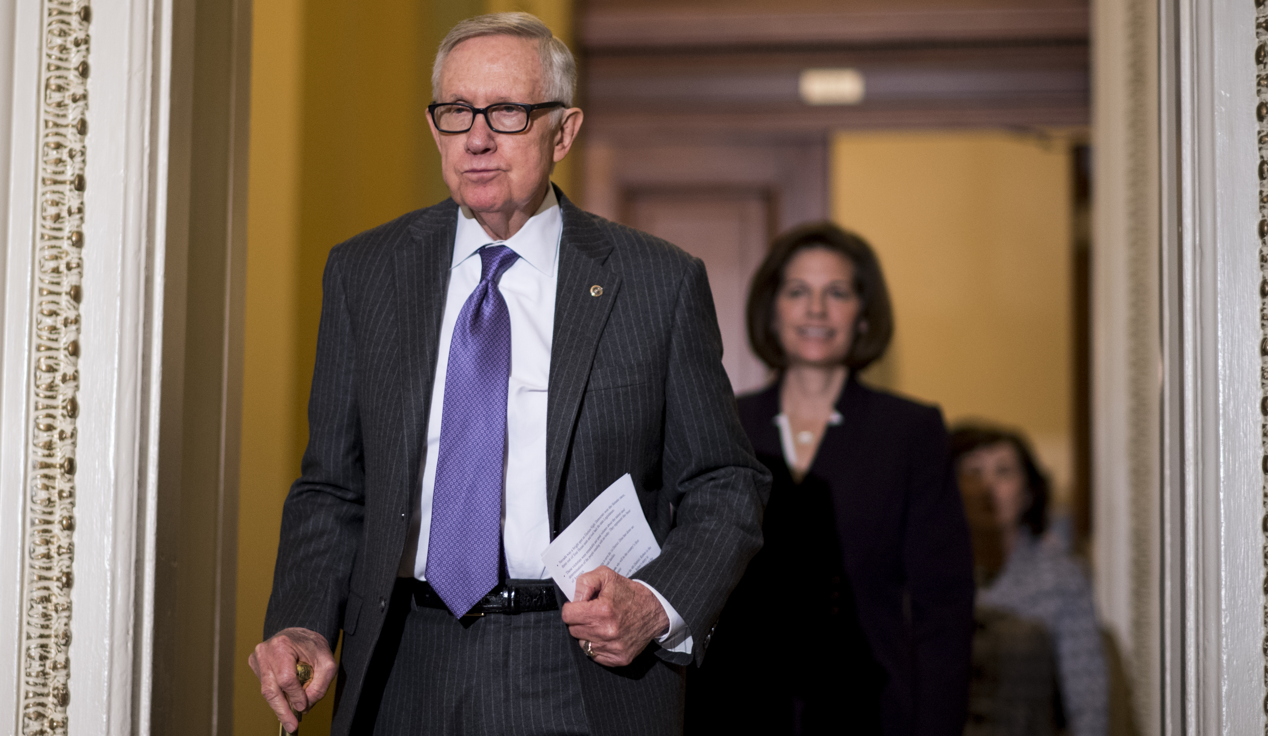 Senate Minority Leader Harry Reid, D-Nev., leads the Democrats of the Nevada delegation to the podium for a media availability in the U.S. Capitol on Monday, Nov. 14, 2016. (Bill Clark&mdash;CQ-Roll Call,Inc.)