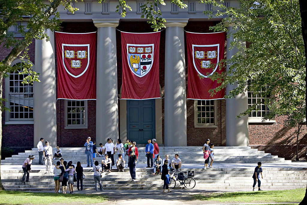 Harvard banners hang outside Memorial Church on the Harvard University campus in Cambridge, Massachusetts on Sept. 4, 2009.