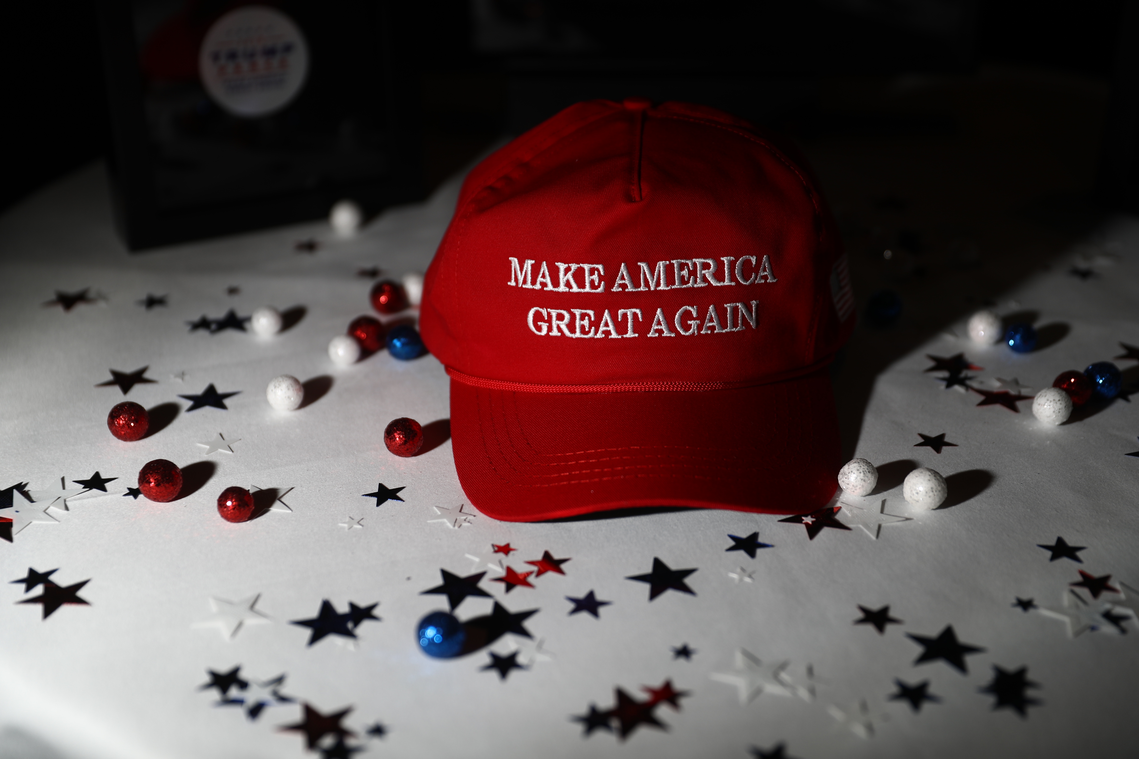 A "Make America Great Again" hat sits on a table ahead of an election night party for 2016 Republican Presidential Nominee Donald Trump at the Hilton Midtown hotel in New York on  Nov. 8, 2016.