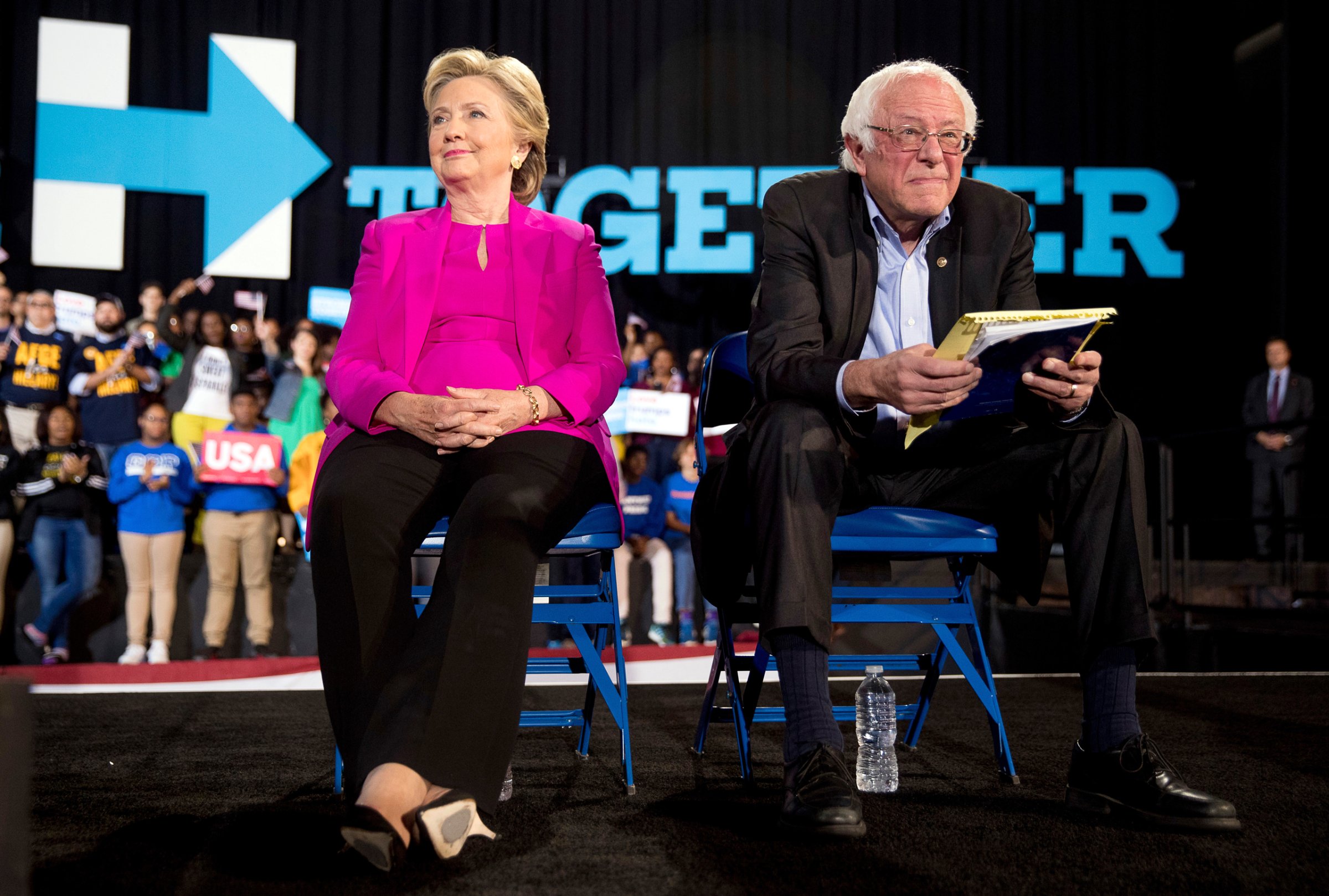 Democratic presidential candidate Hillary Clinton and Sen. Bernie Sanders, D-Vt., appear at a rally at Coastal Credit Union Music Park at Walnut Creek in Raleigh, N.C., Thursday, Nov. 3, 2016. (AP Photo/Andrew Harnik)