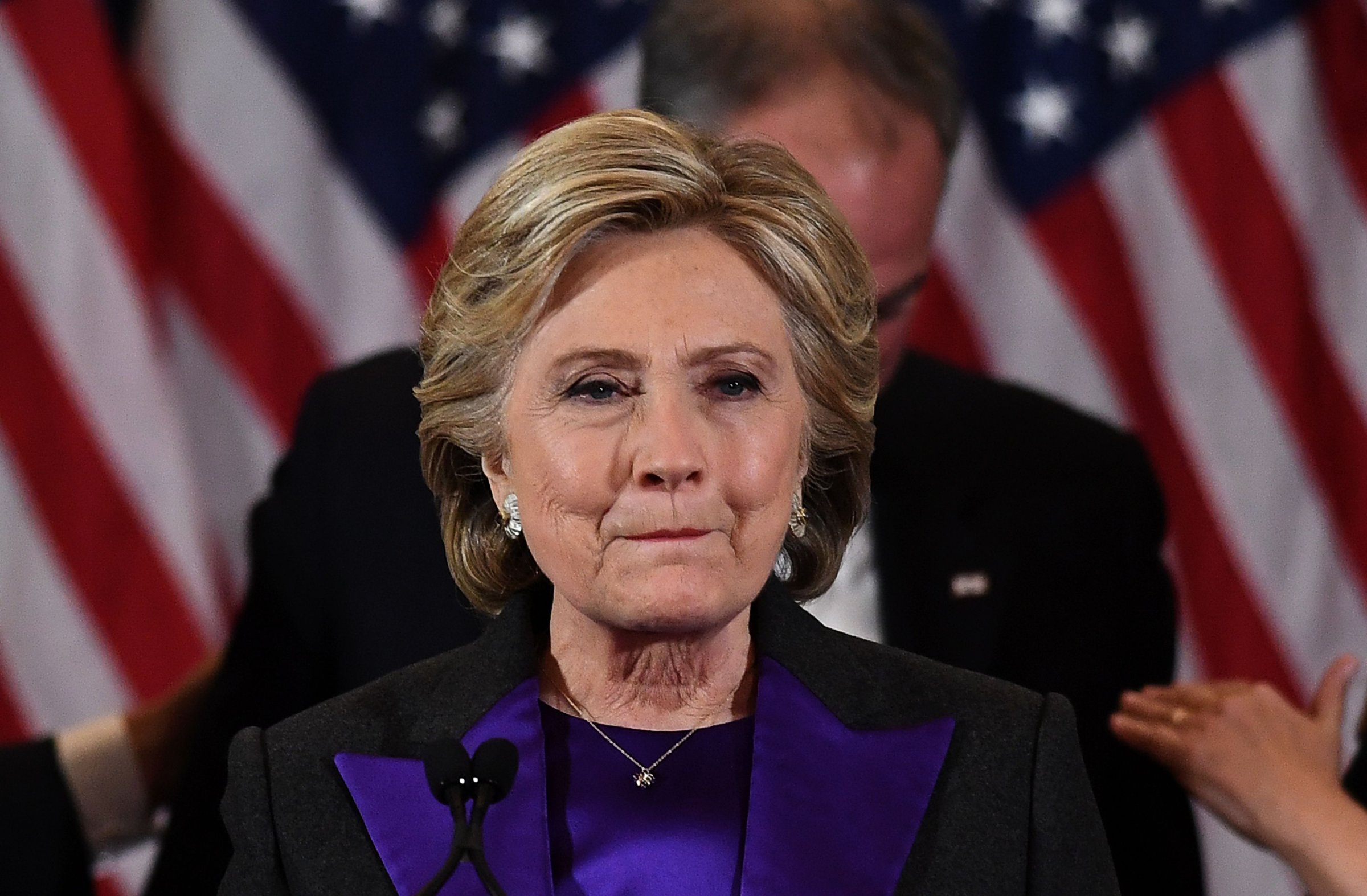 US Democratic presidential candidate Hillary Clinton makes a concession speech after being defeated by Republican president-elect Donald Trump in New York on November 9, 2016.