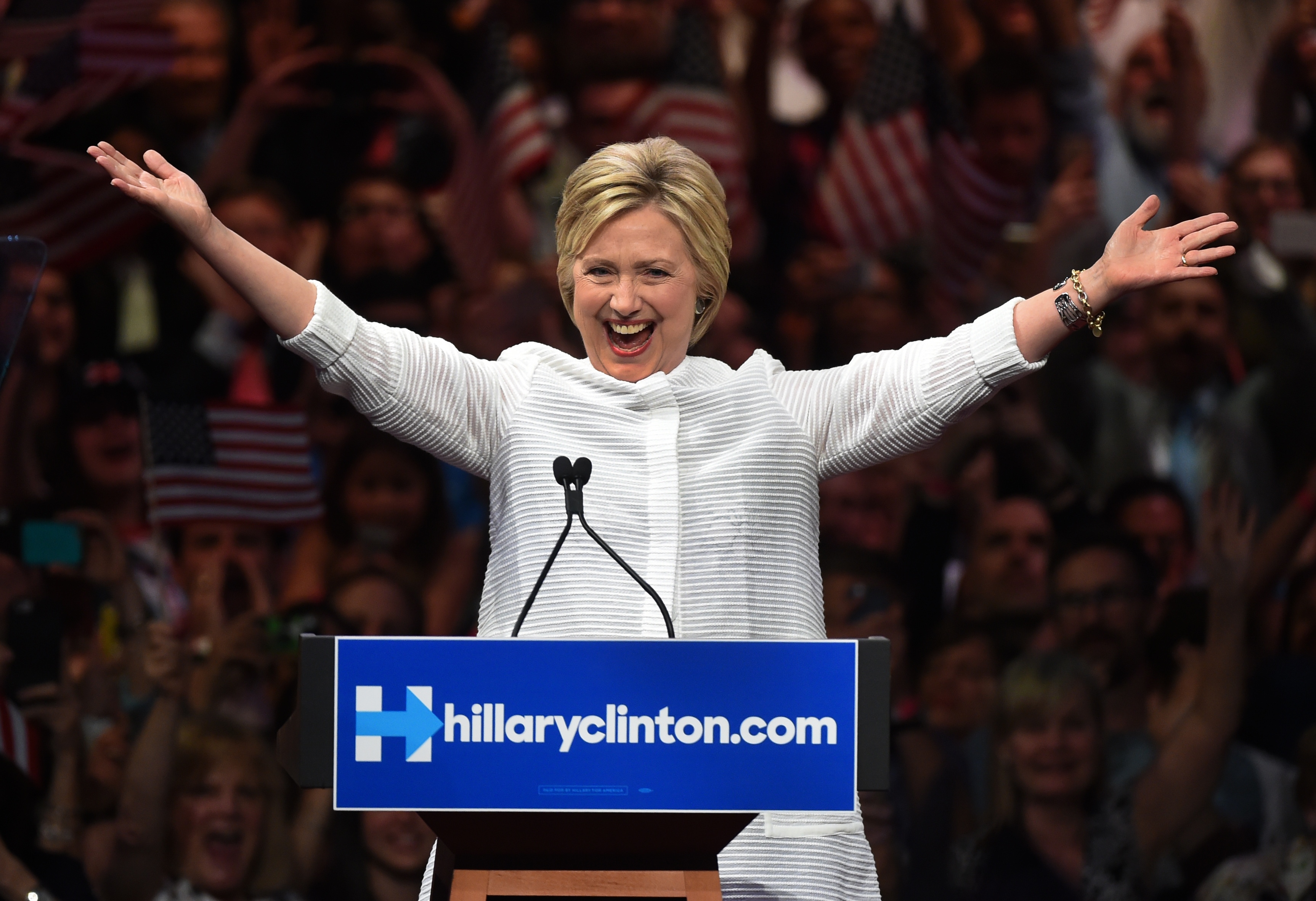 Democratic presidential candidate Hillary Clinton celebrates on stage during her primary night event at the Duggal Greenhouse, Brooklyn Navy Yard on June 7, 2016 in New York. (Timothy A. Clary—AFP/Getty Images)