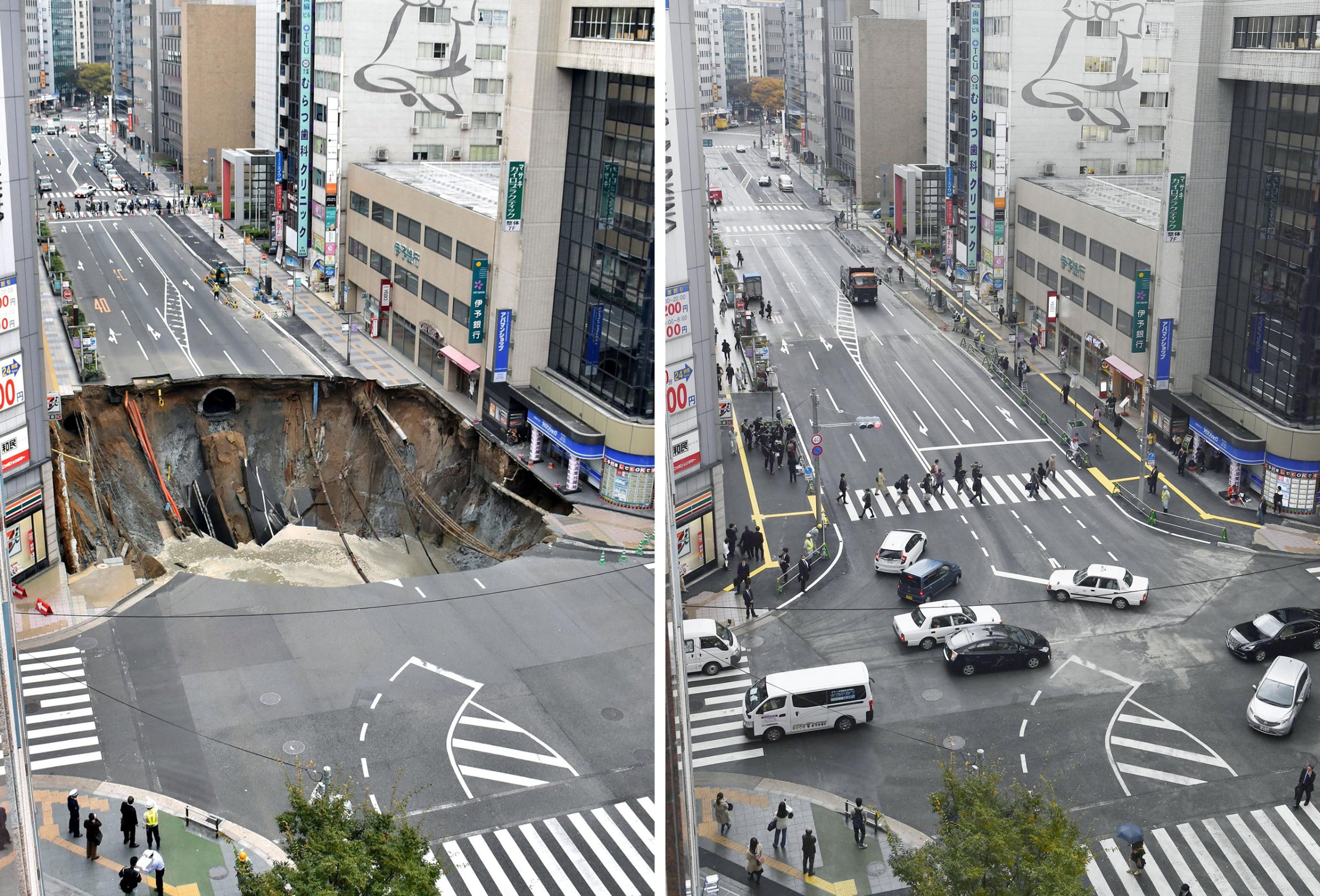 A combination photo shows a sinkhole in Fukuoka, Japan, on Nov. 8, 2016, left, and fixed a week later on Nov. 15, 2016.