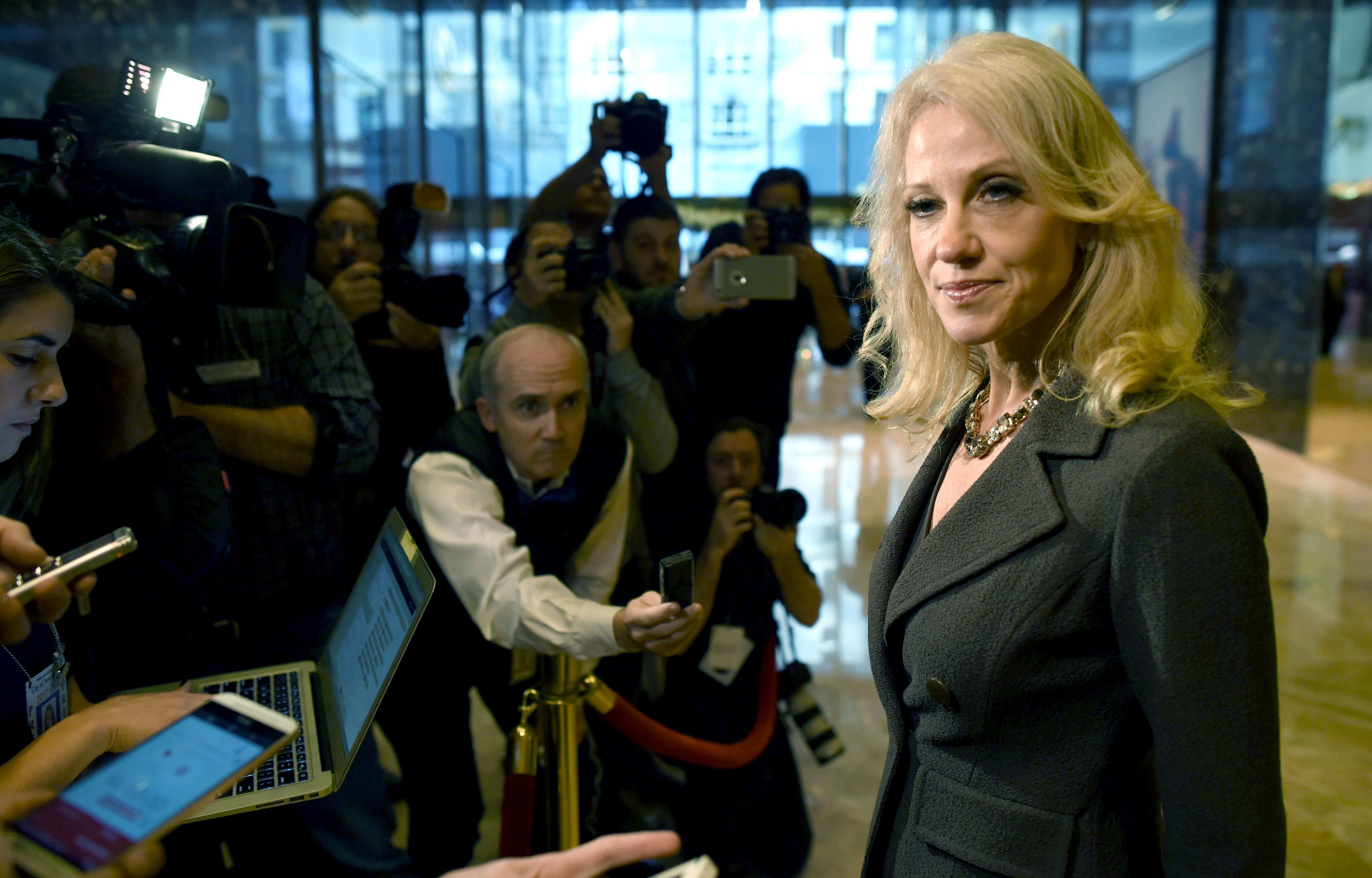 US President-Elect Donald Trumps campaign manager Kellyanne Conway talks to the press in Trump Tower November 16, 2016 in New York. / AFP / TIMOTHY A. CLARY        (Photo credit should read TIMOTHY A. CLARY/AFP/Getty Images) (TIMOTHY A. CLARY—AFP/Getty Images)