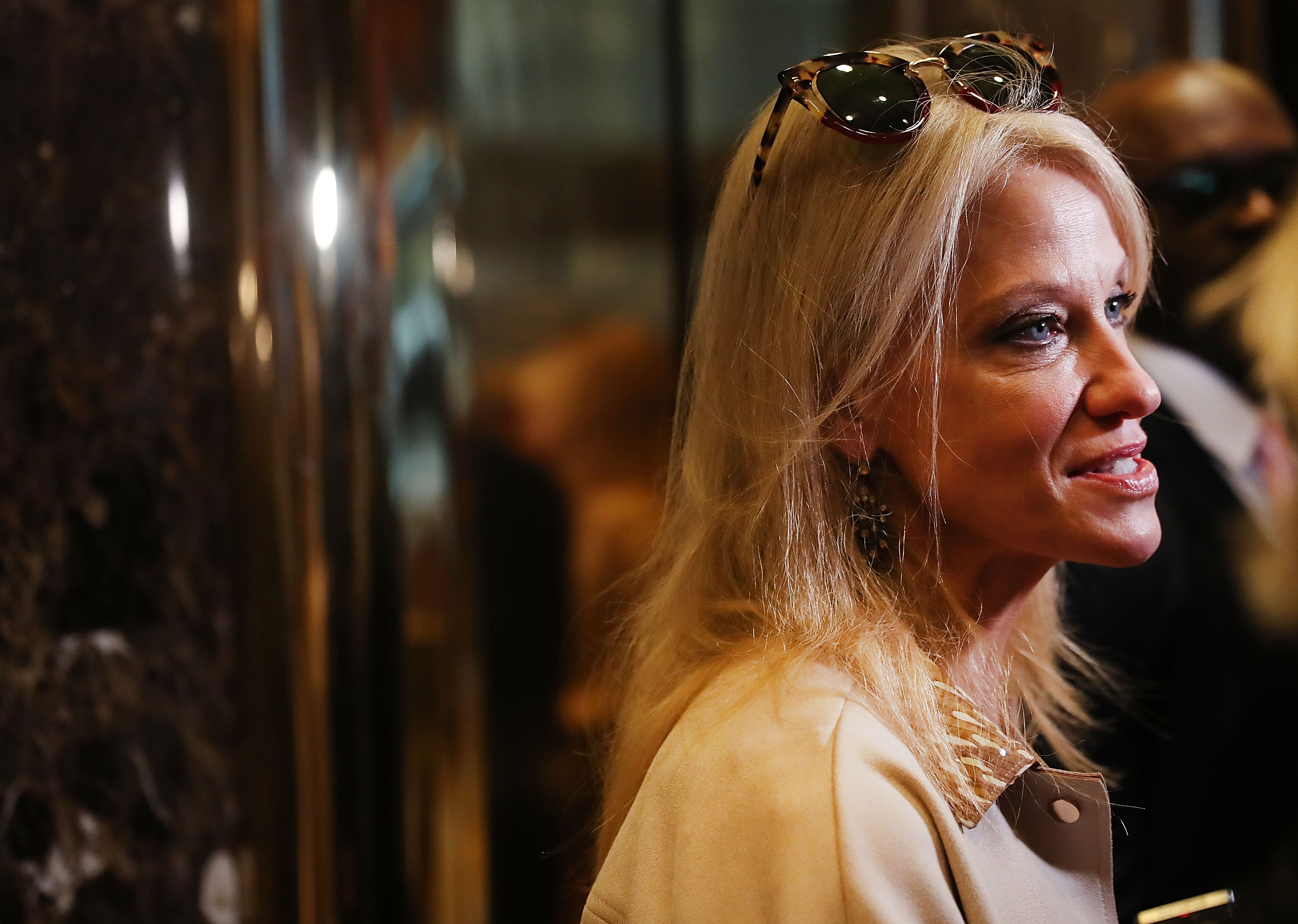 Donald Trump's campaign manager Kellyanne Conway speaks to the media while entering Trump Tower on Nov. 14, 2016 in New York City. (Spencer Platt/Getty Images)
