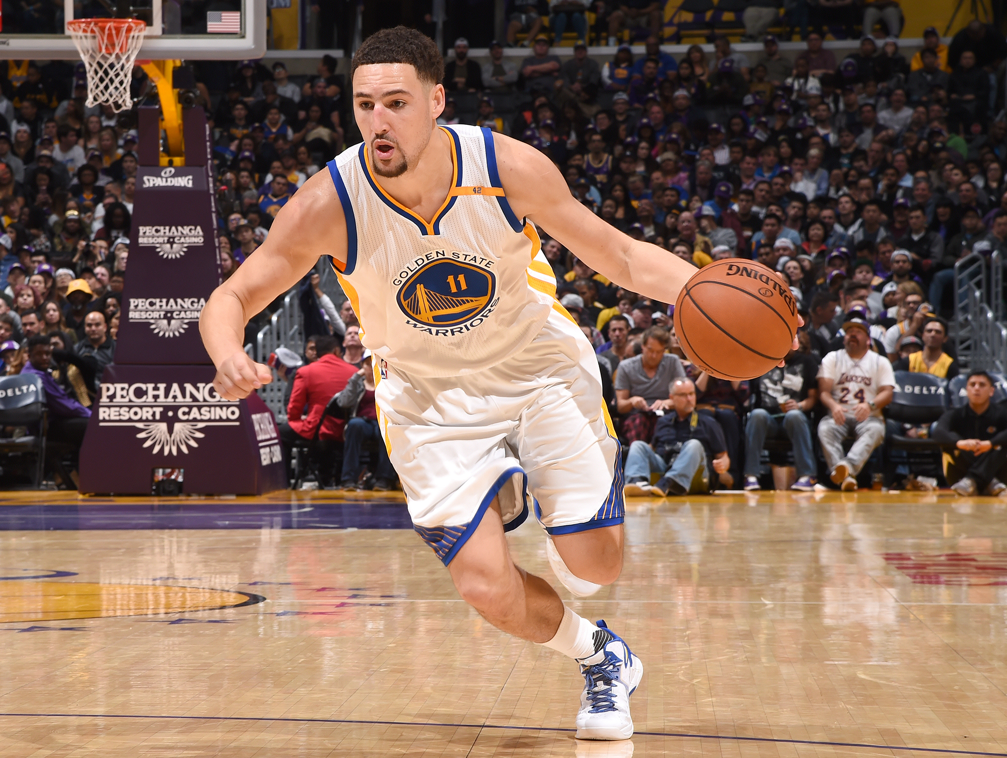 Klay Thompson #11 of the Golden State Warriors drives to the basket against the Los Angeles Lakers on November 25, 2016 at STAPLES Center in Los Angeles, California. NOTE TO USER: User expressly acknowledges and agrees that, by downloading and/or using this Photograph, user is consenting to the terms and conditions of the Getty Images License Agreement. Mandatory Copyright Notice: Copyright 2016 NBAE (Photo by Andrew D. Bernstein/NBAE via Getty Images) (Andrew D. Bernstein&mdash;NBAE/Getty Images)