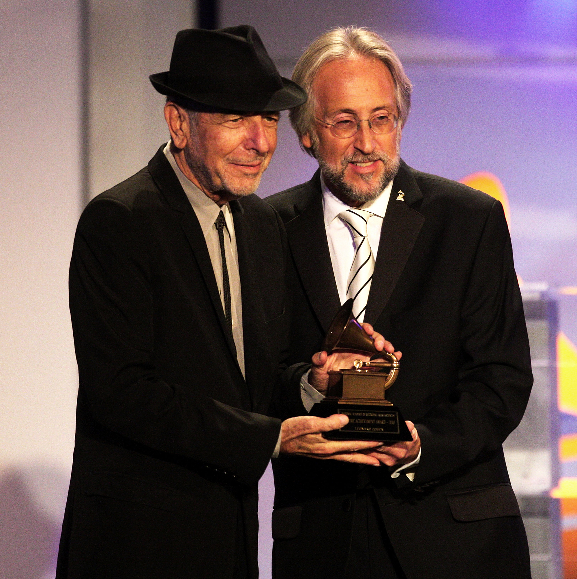 Leonard Cohen and Neil Portnow, President/CEO of the Recording Academy, attend the 52nd annual GRAMMY Awards-Special Merit Awards on Jan. 30, 2010 in Los Angeles.