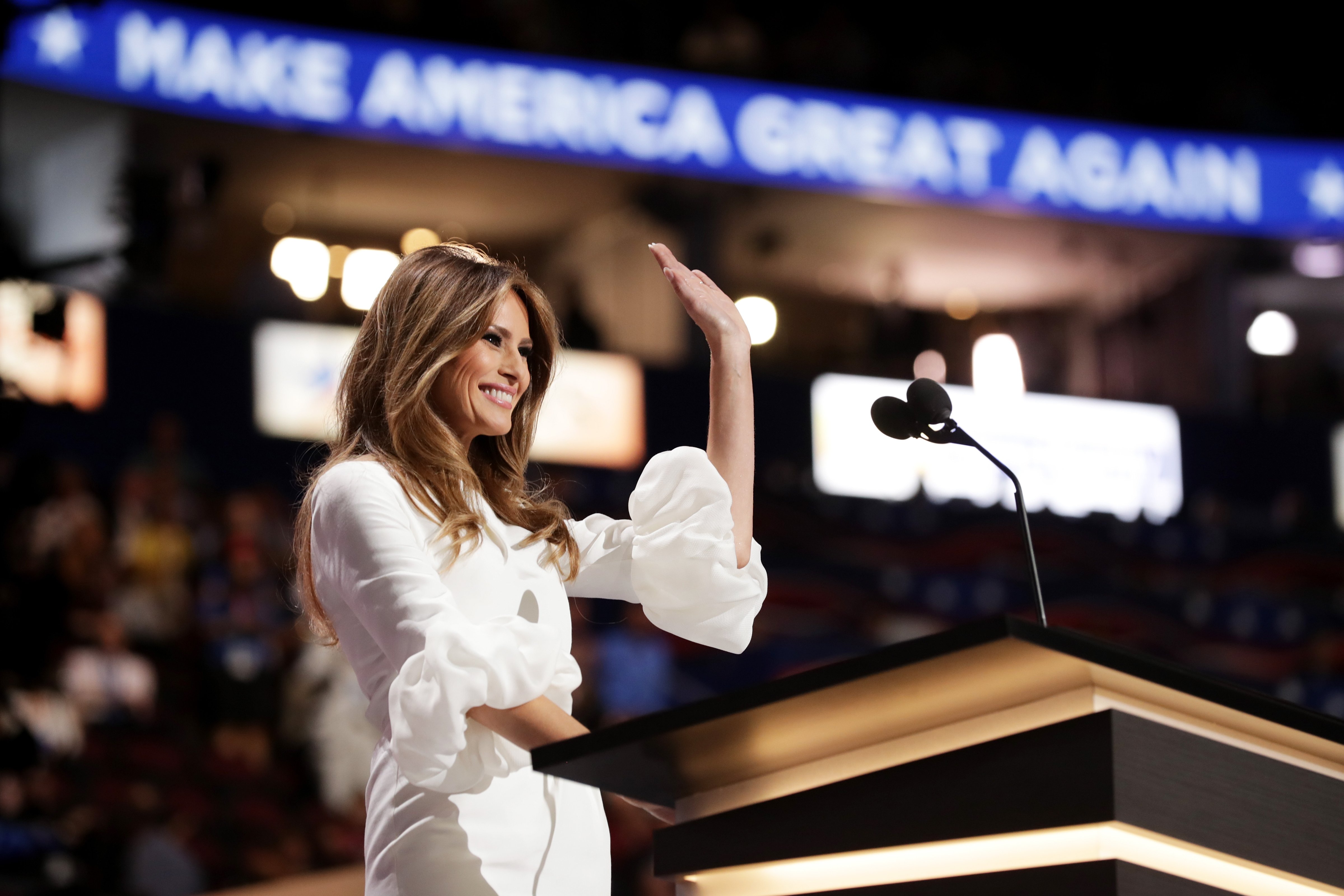 Melania Trump, wife of Presumptive Republican presidential nominee Donald Trump, waves to the crowd after delivering a speech on the first day of the Republican National Convention on July 18, 2016 at the Quicken Loans Arena in Cleveland, Ohio. (Chip Somodevilla—Getty Images)