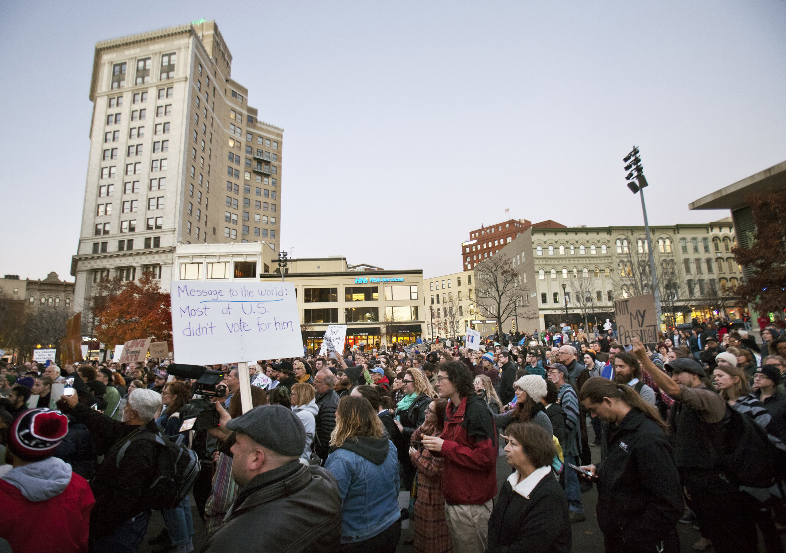 Protesters gather at Rosa Parks Circle in Grand Rapids, Mich., on Nov. 10, 2016. (Cory Morse—The Grand Rapids Press/AP)