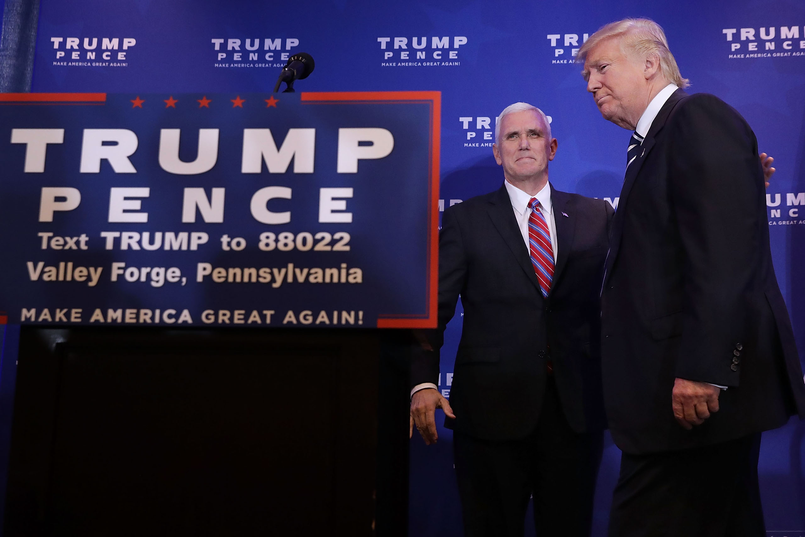 Mike Pence welcomes Donald Trump to the stage during a campaign event in Valley Forge, Penn. on Nov. 1, 2016. (Chip Somodevilla—Getty Images)