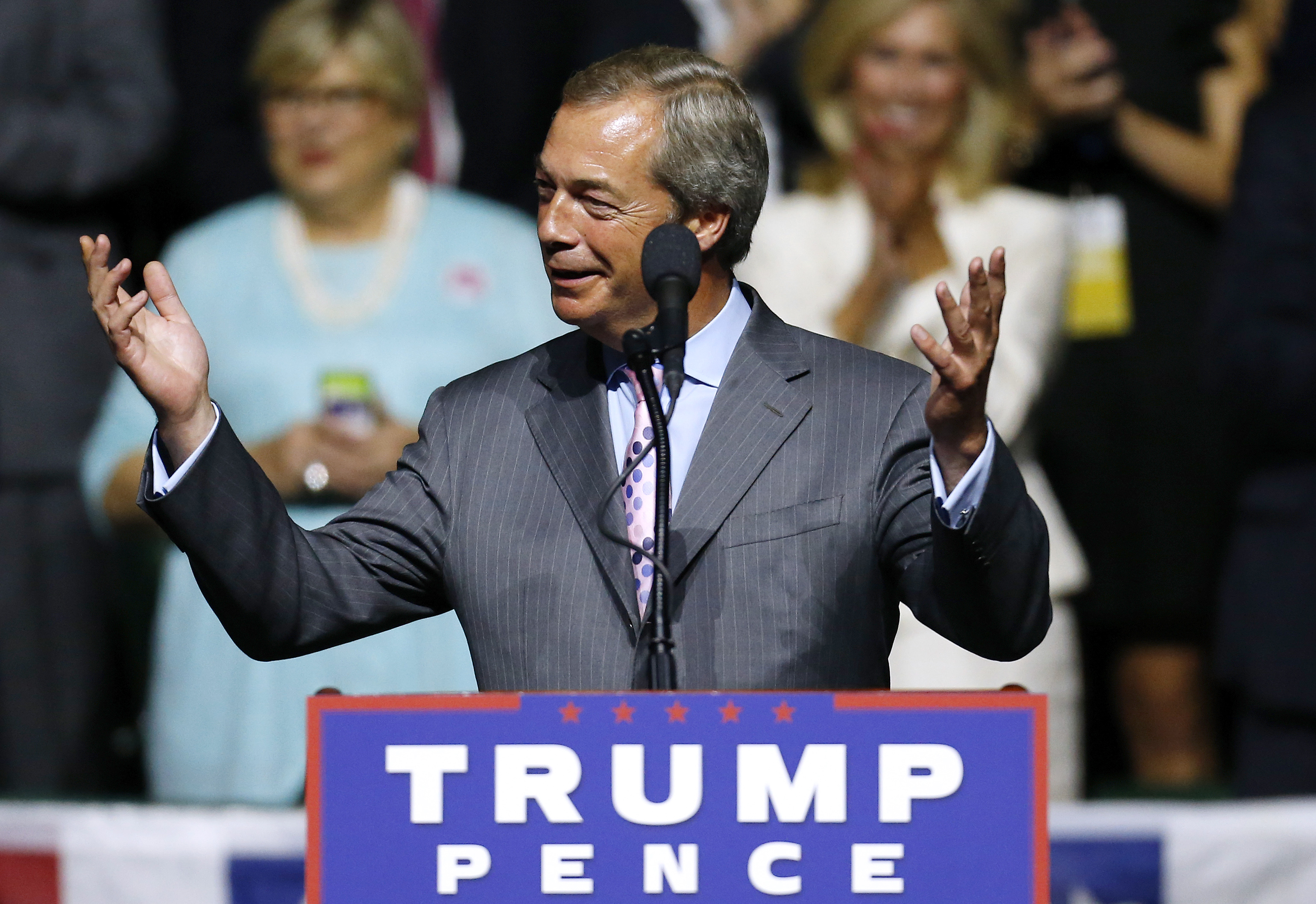 United Kingdom Independence Party leader Nigel Farage speaks during a campaign rally for Republican Presidential nominee Donald Trump at the Mississippi Coliseum on August 24, 2016 in Jackson, Mississippi.