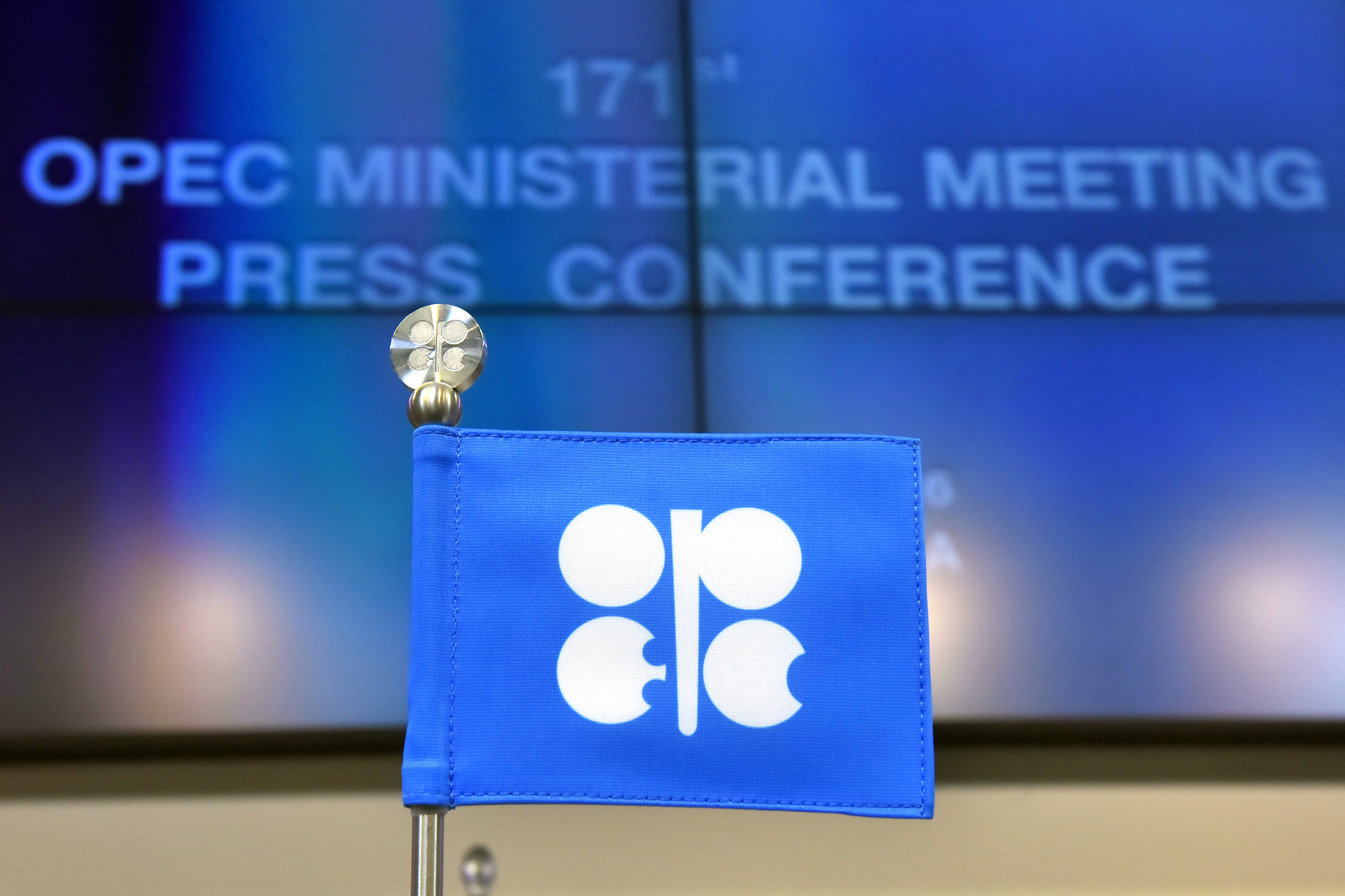 An OPEC branded flag sits on a table ahead of the 171st Organization of Petroleum Exporting Countries (OPEC) meeting in Vienna, Austria, on Wednesday, Nov. 30, 2016. (Akos Stiller&mdash;Bloomberg /Getty Images)
