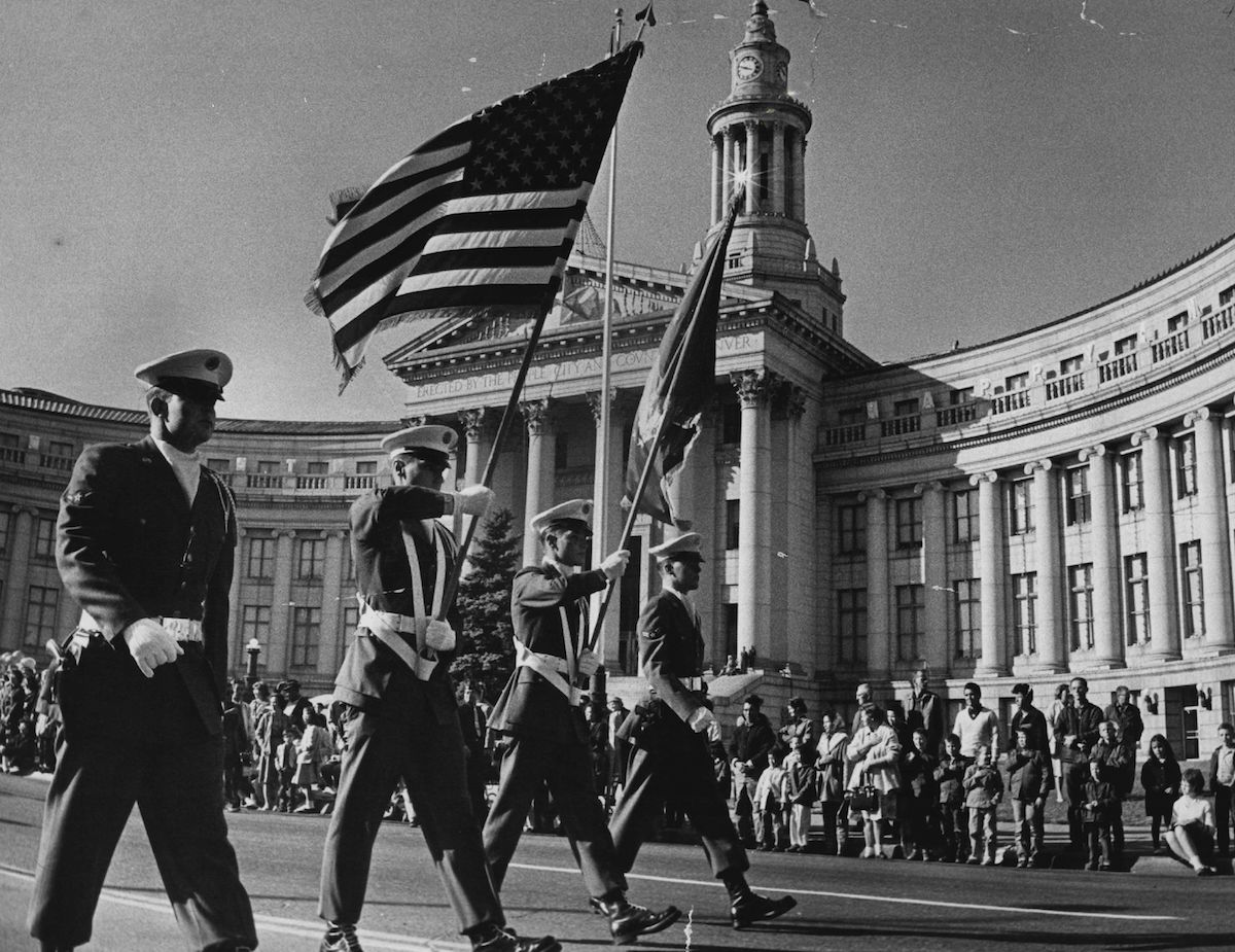 The Lowry Air Force Base Color Guard in the annual Veterans Day Parade In Denver on Nov. 11, 1963. (Dave Mathias—Denver Post / Getty Images)