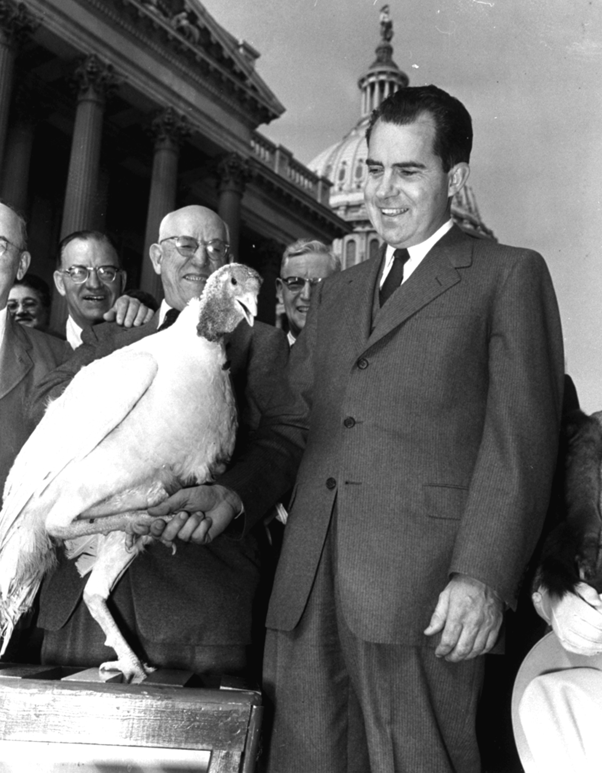 Vice President Richard Nixon  shakes hands  with a 40-pound white turkey at the Capitol in Washington, D.C., on Nov. 14, 1955.