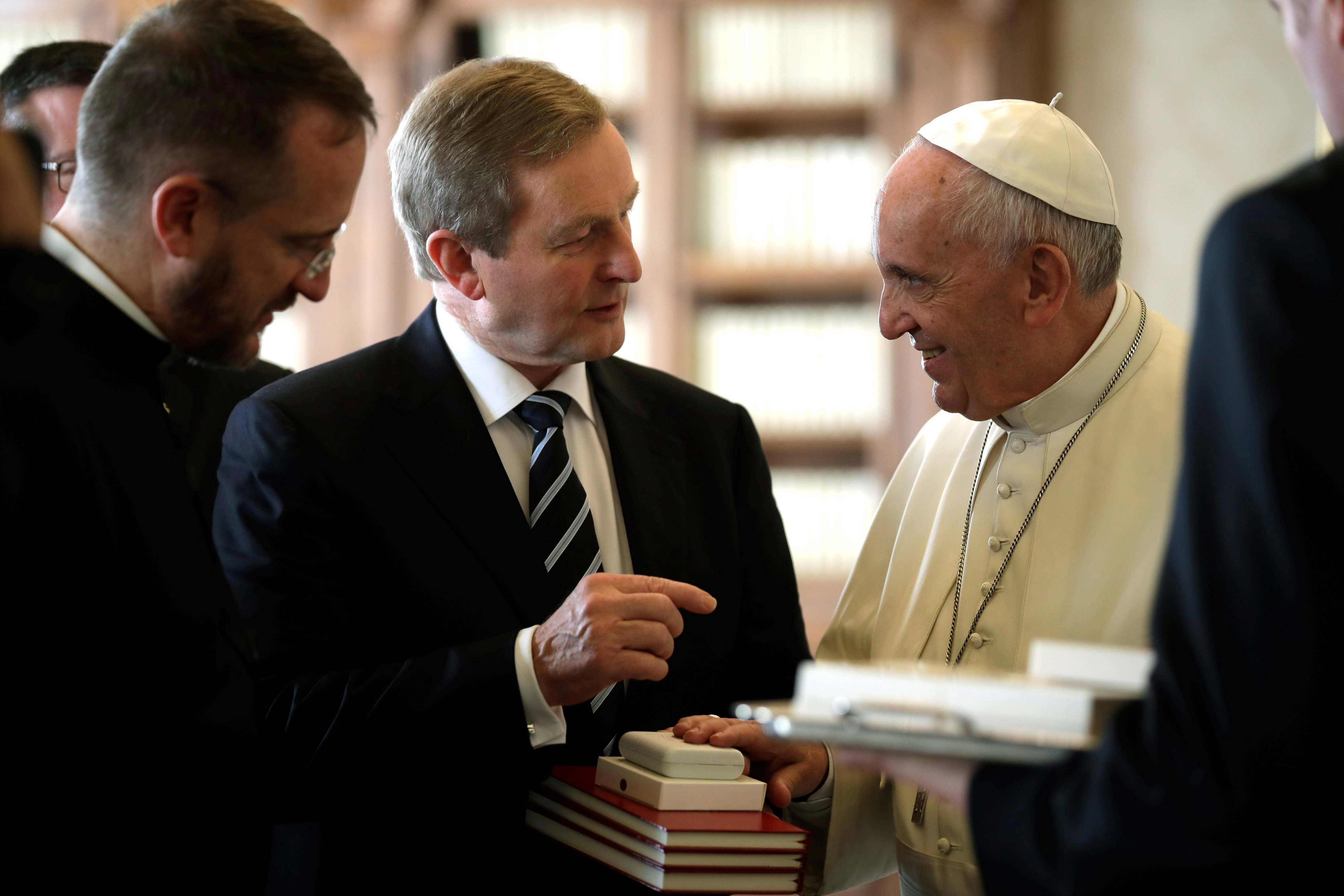 Pope Francis (R) talks with Irish Prime Minister Enda Kenny during a private audience on November 28, 2016 at the Vatican.
