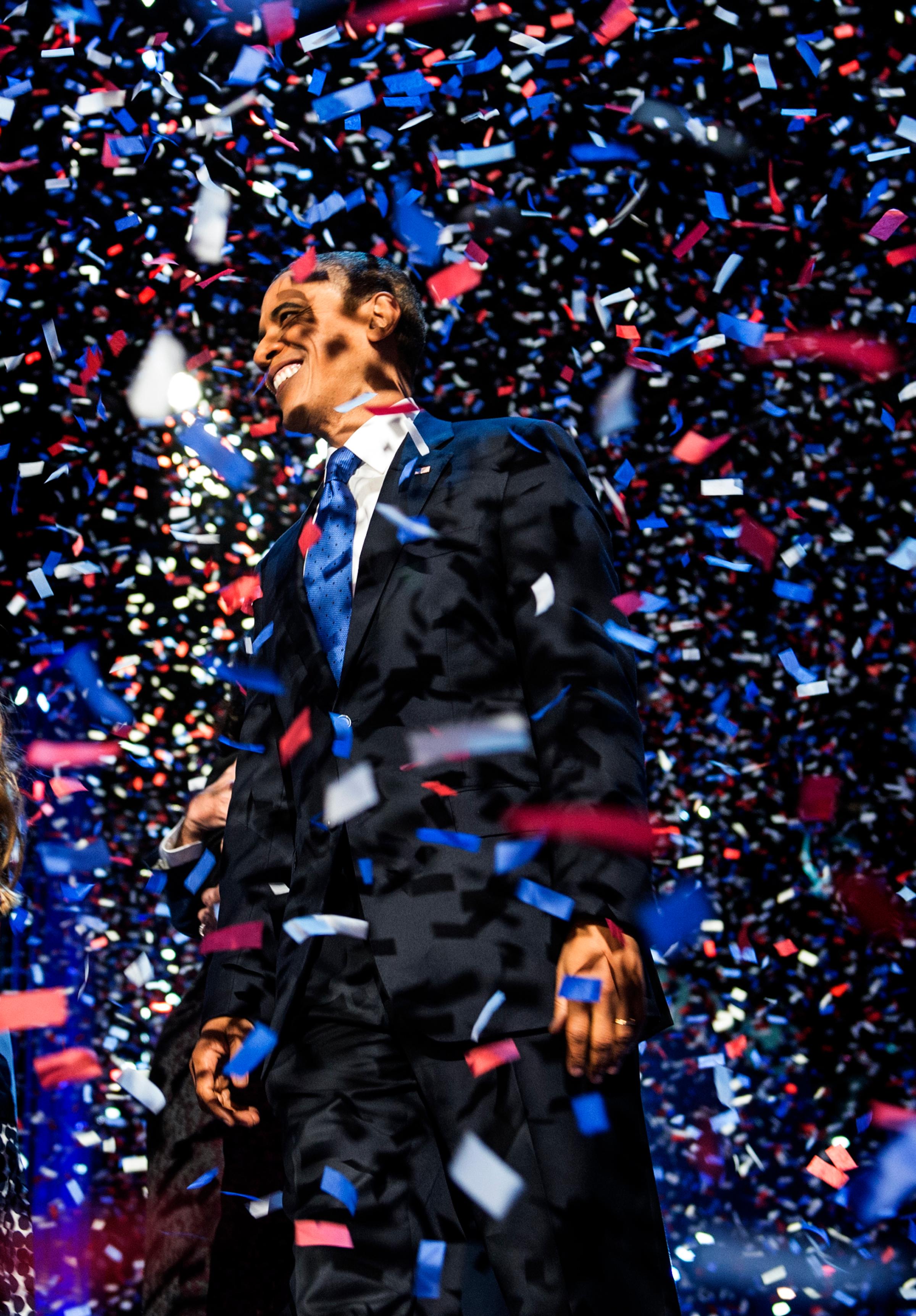 President Barack Obama is re-elected to office in Chicago, Illinois, on Tuesday, November 6, 2012.