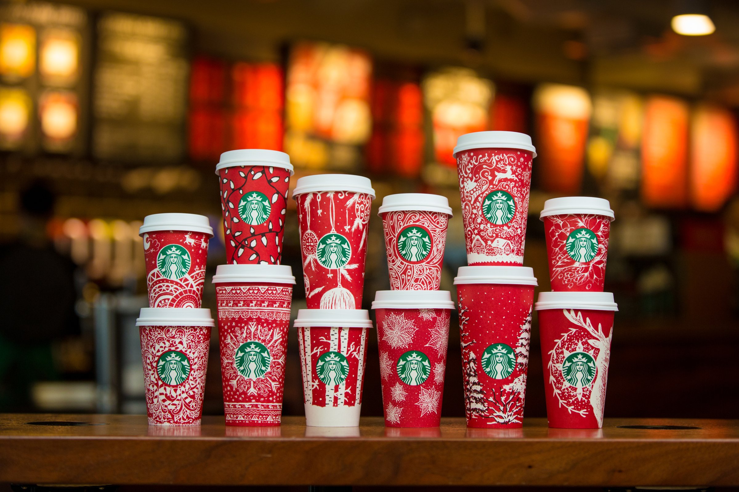 Starbucks red holiday cups photographed on November 9, 2016.  (Joshua Trujillo, Starbucks)