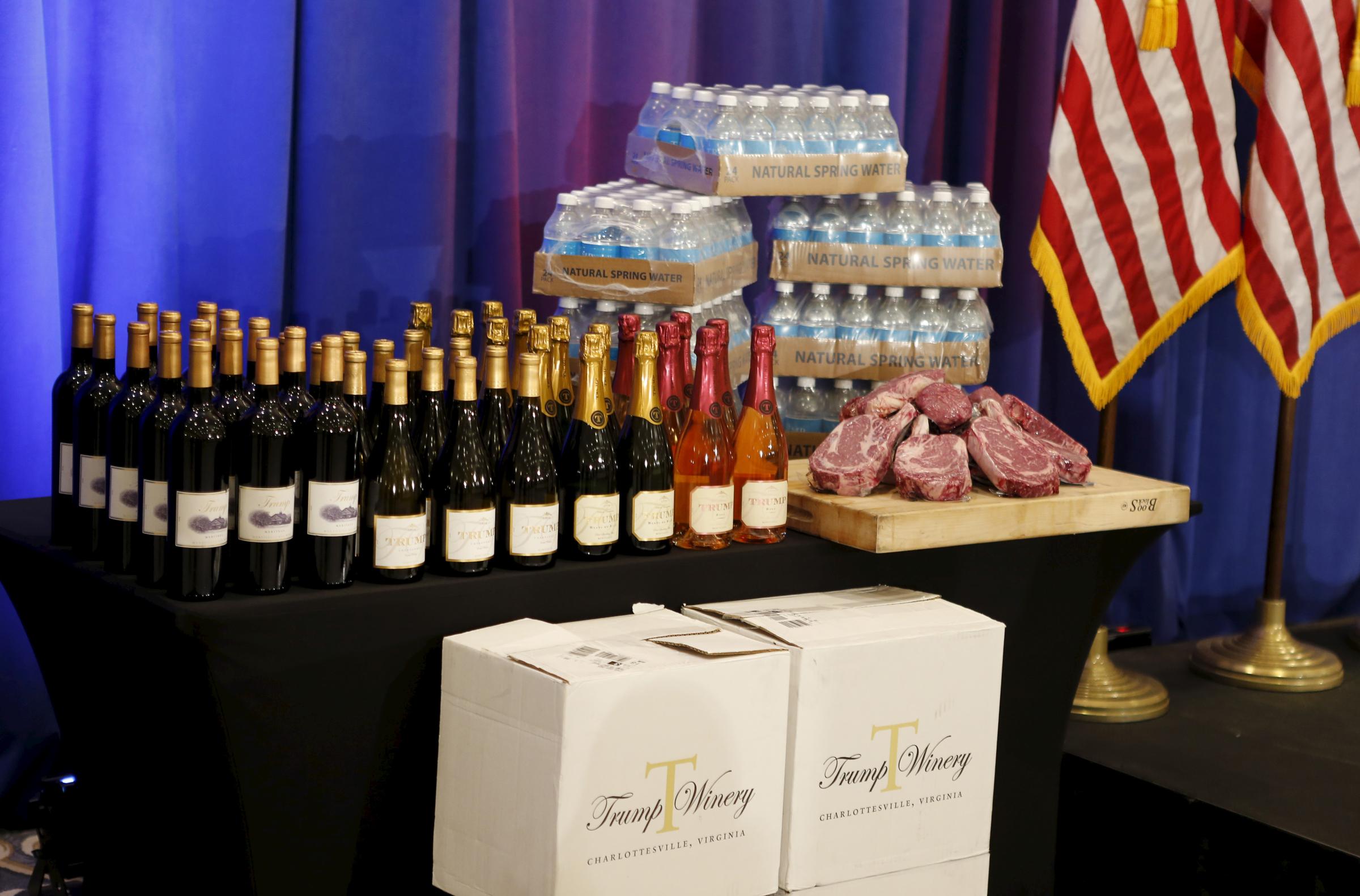 Steaks and chops described as 'Trump meat' are shown near the podium with Trump branded wines and water before U.S. Republican presidential candidate Donald Trump was scheduled to appear at a press event at his Trump National Golf Club in Jupiter