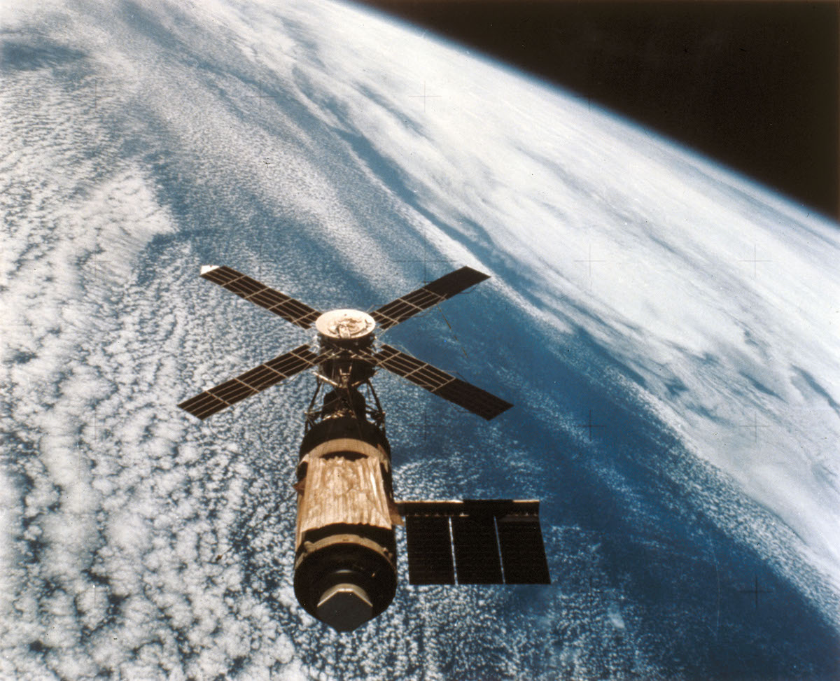 Skylab, clearly showing the sun shield, photographed by the crew of Skylab 4, in 1974. (Science &amp; Society Picture Library / Getty Images)