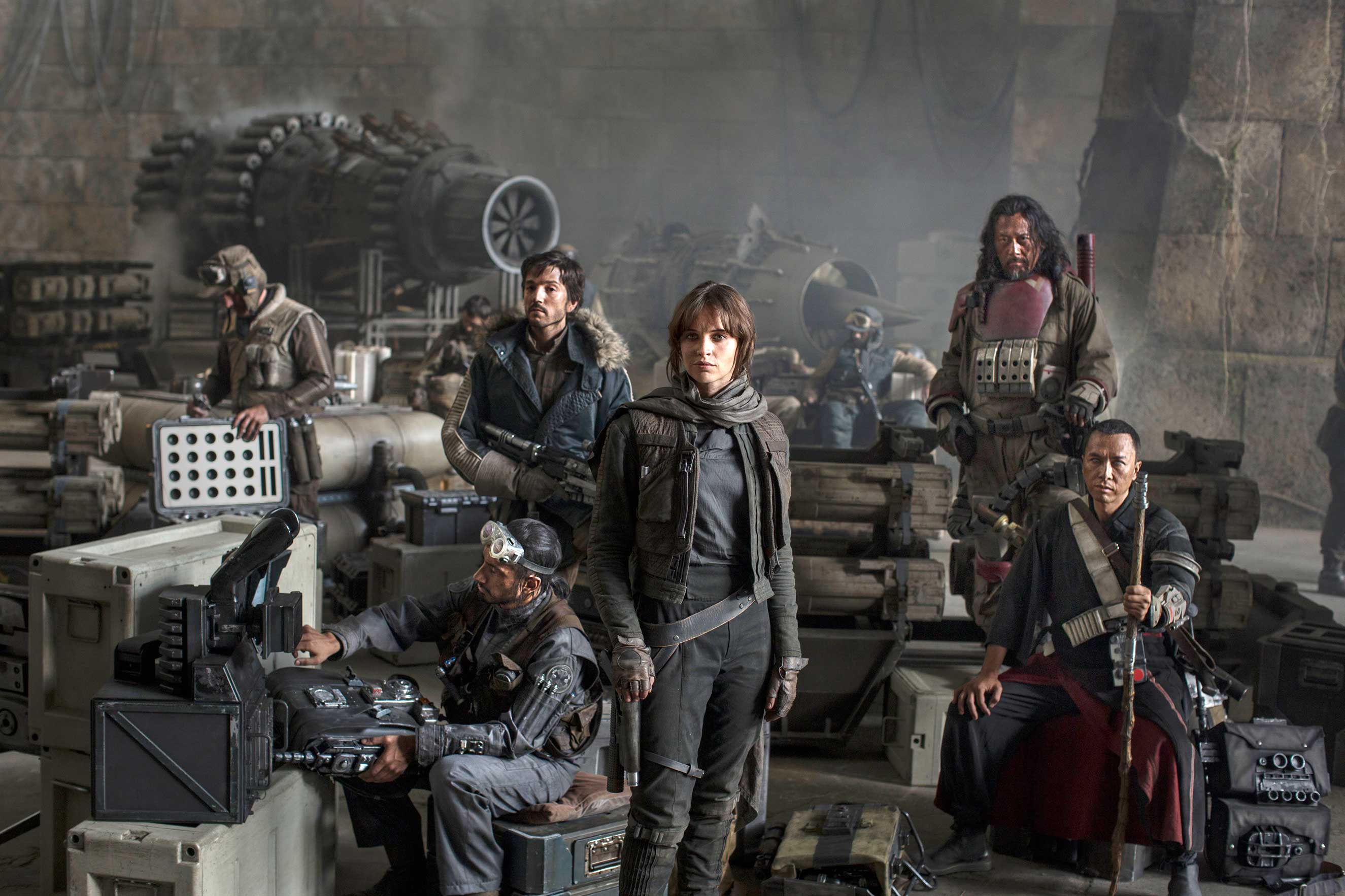 Star Wars: Rogue One..L to R: Actors Riz Ahmed, Diego Luna, Felicity Jones, Jiang Wen and Donnie Yen (Jonathan Olley—LucasFilms)
