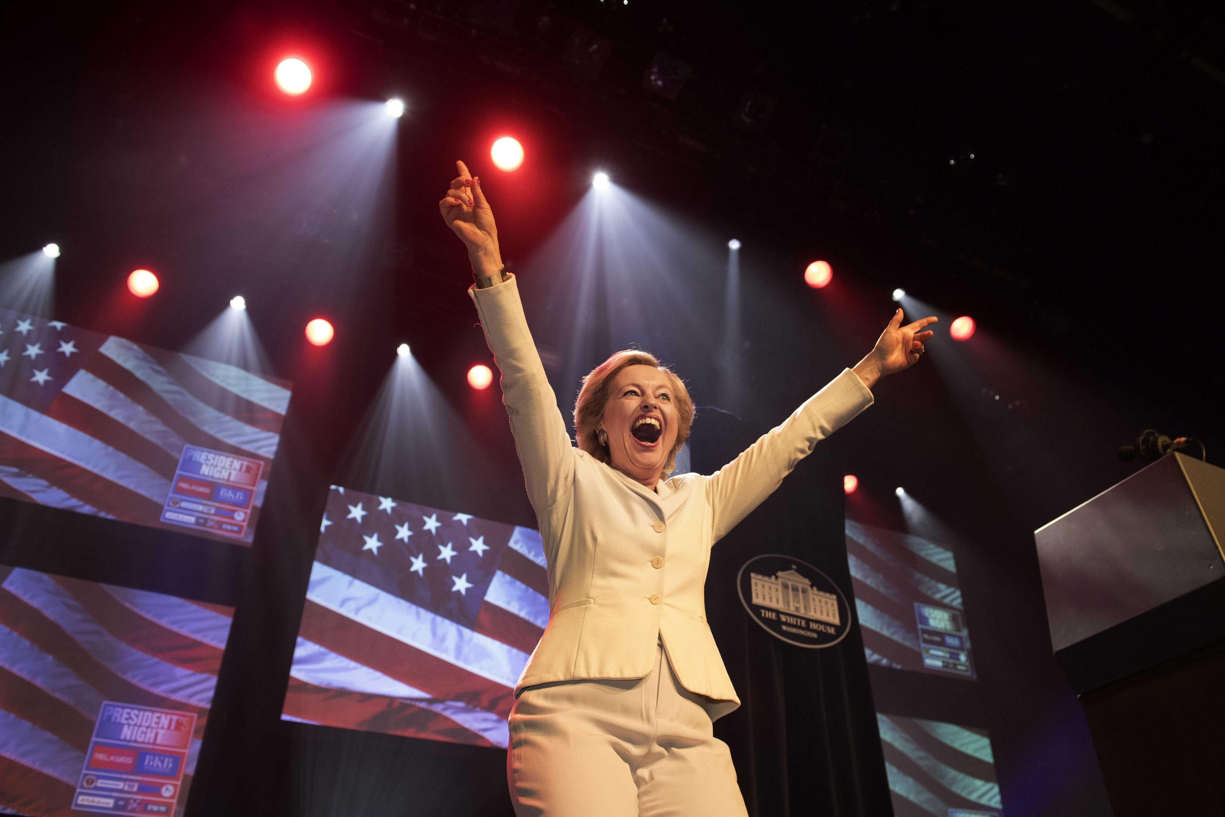 Dutch minster of culture Jet Bussemaker dressed as Hillary Clinton at the President's Night in Amsterdam.