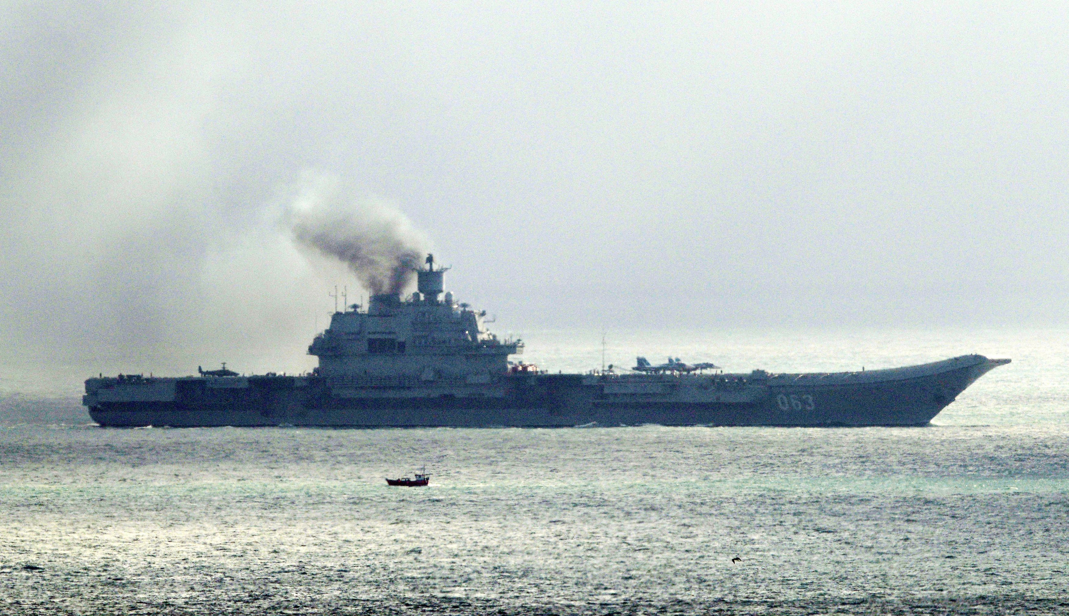 Russian aircraft carrier Admiral Kuznetsov, on Oct. 21, 2016. (Gareth Fuller—PA Wire/AP)