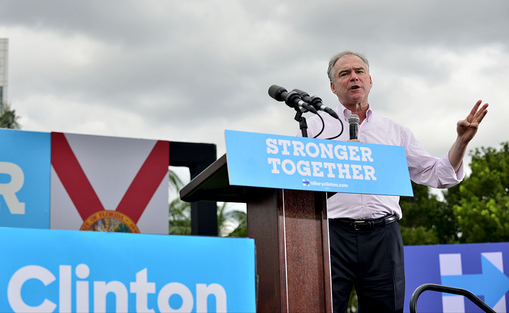 Democratic vice presidential nominee U.S. Sen. Tim Kaine (D-VA) speaks during a campaign rally at Florida International University on Oct. 24, 2016 in Miami, Florida.