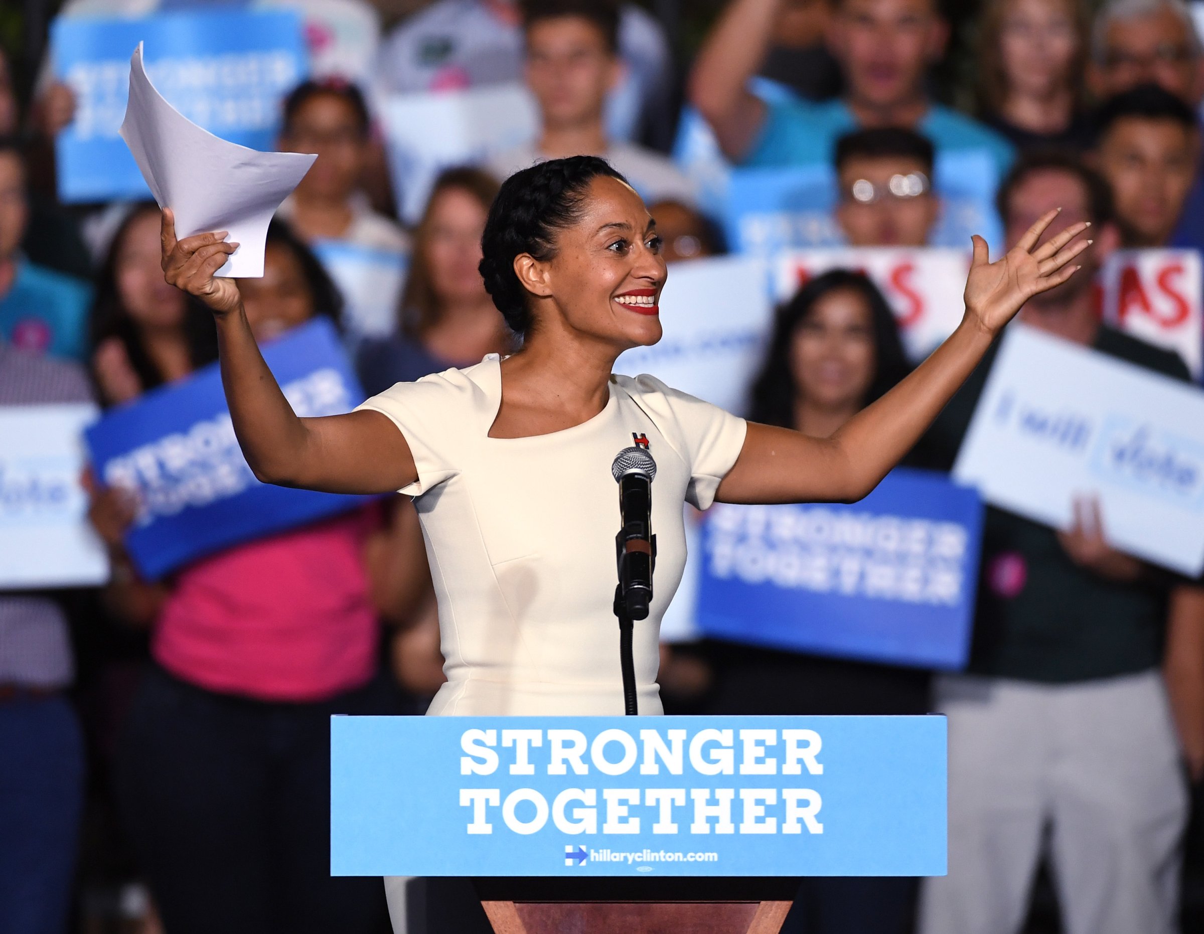Actress Tracee Ellis Ross introduces Democratic presidential nominee Hillary Clinton at a campaign rally at The Smith Center for the Performing Arts on October 12, 2016 in Las Vegas, Nevada.