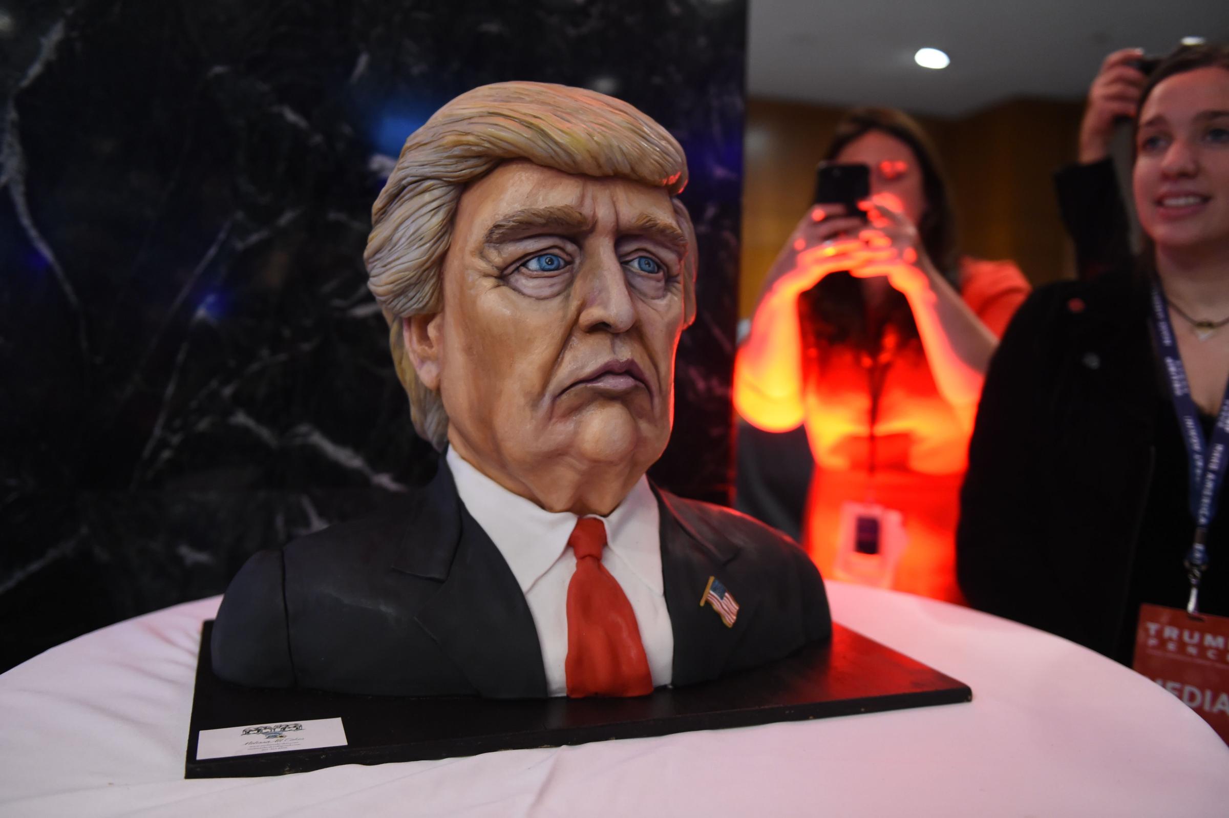 A cake in the likeness of Republican presidential nominee Donald Trump is on display at his election night event at the New York Hilton Midtown in New York.