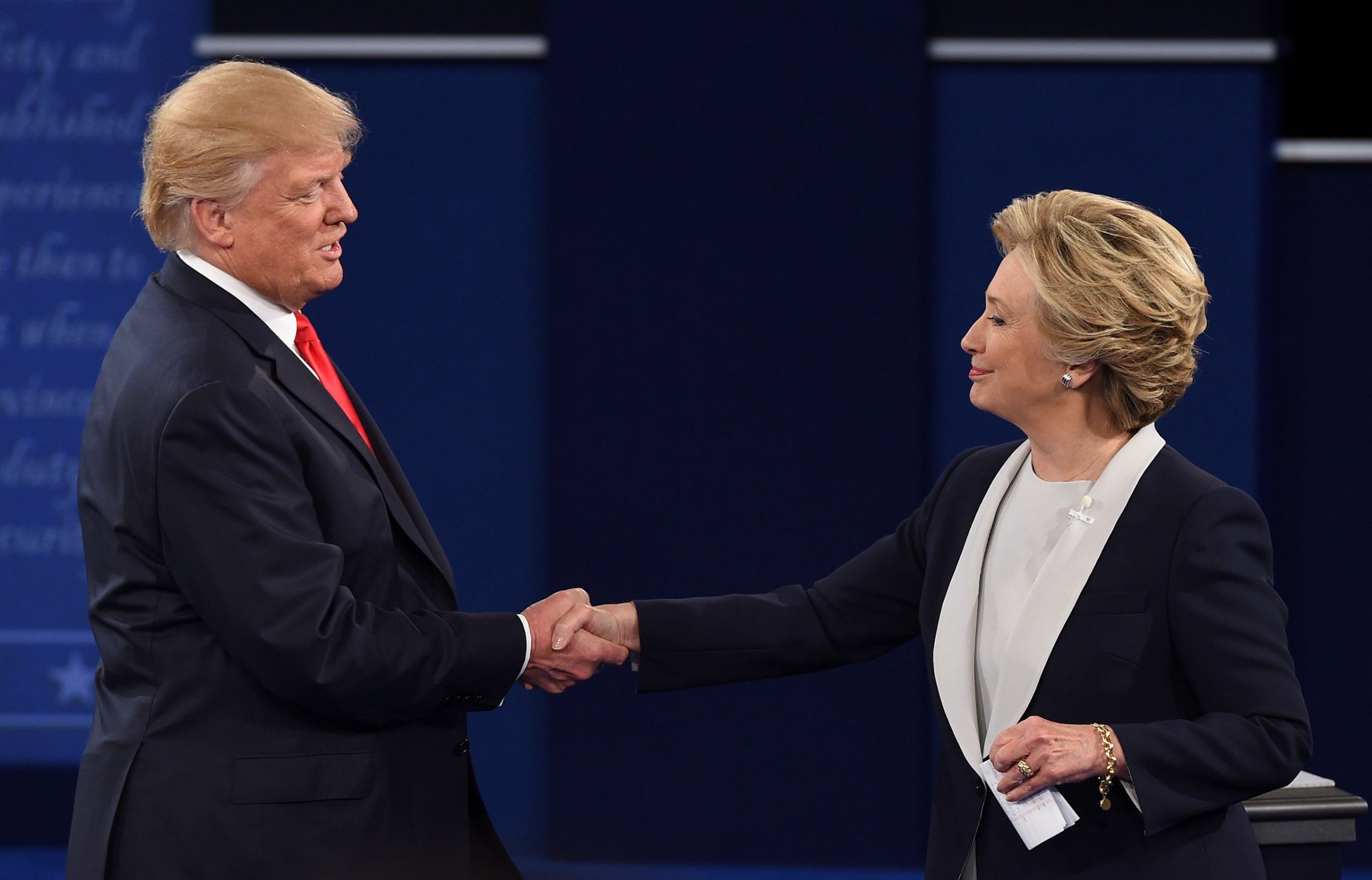 Hillary Clinton and Donald Trump shake hands after the second presidential debate at Washington University in St. Louis, Missouri, on Oct. 9, 2016.