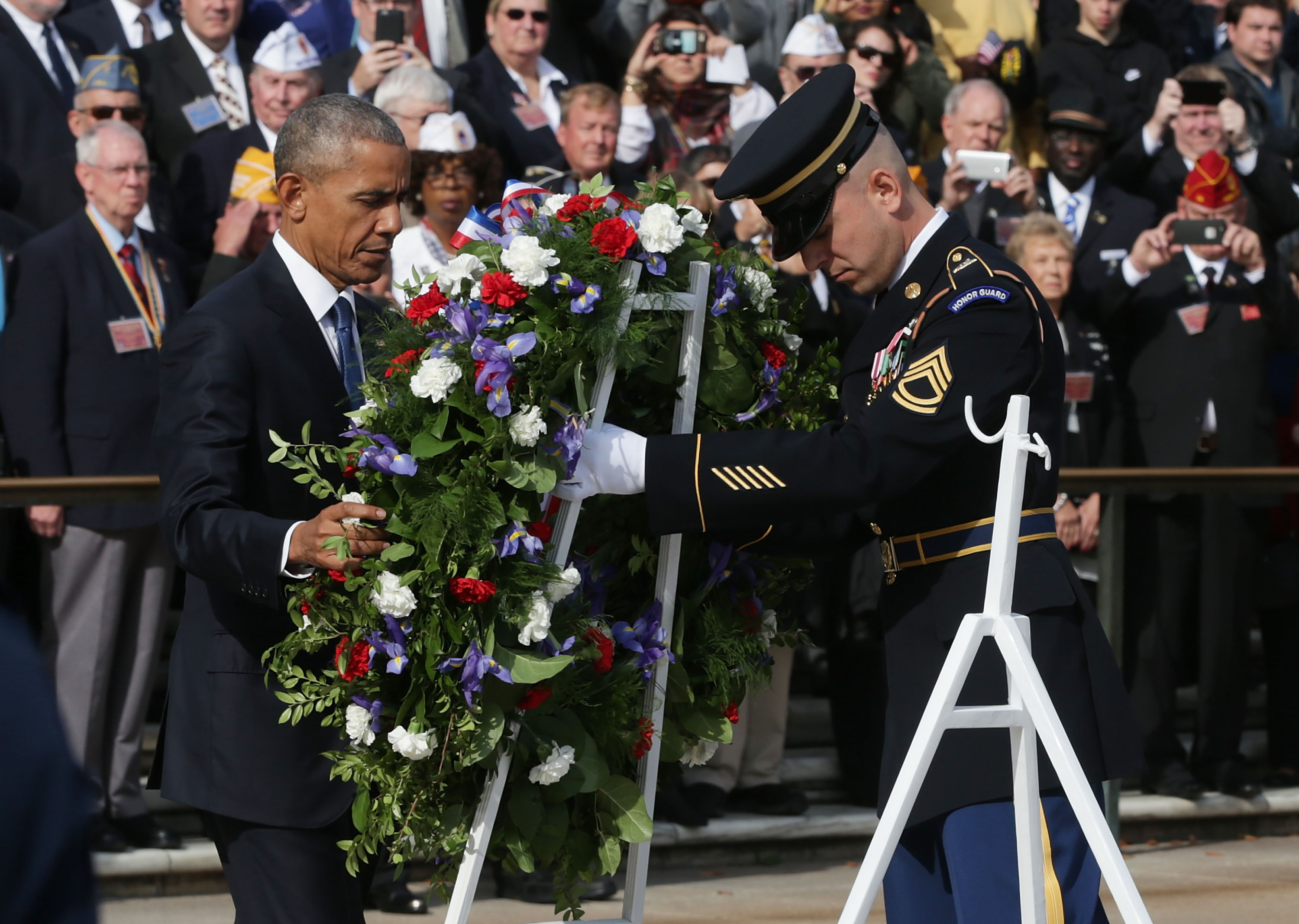 U.S. President Barack Obama participates in a wreath-laying ceremony at the Tomb of the Unknown Soldier at Arlington National Cemetery on Veterans Day November 11, 2016 in Arlington, Virginia. The annual Veterans Day National Ceremony was held at the cemetery to honor Americans who had served in the U.S. Armed Forces. (Alex Wong—Getty Images)