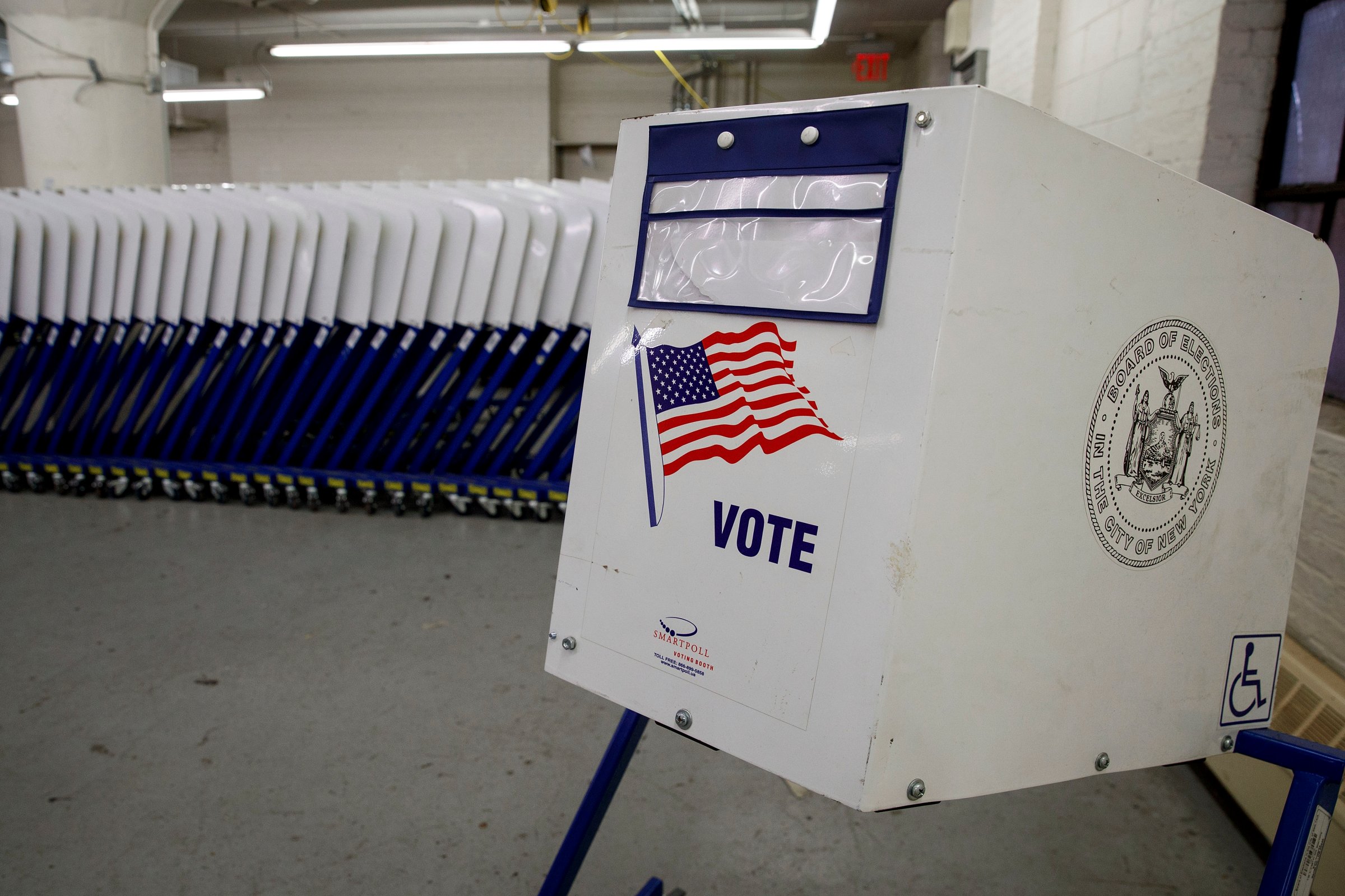 Voting booths sit at a New York City Board of Elections voting machine facility warehouse, November 3, 2016 in the Bronx borough in New York City.