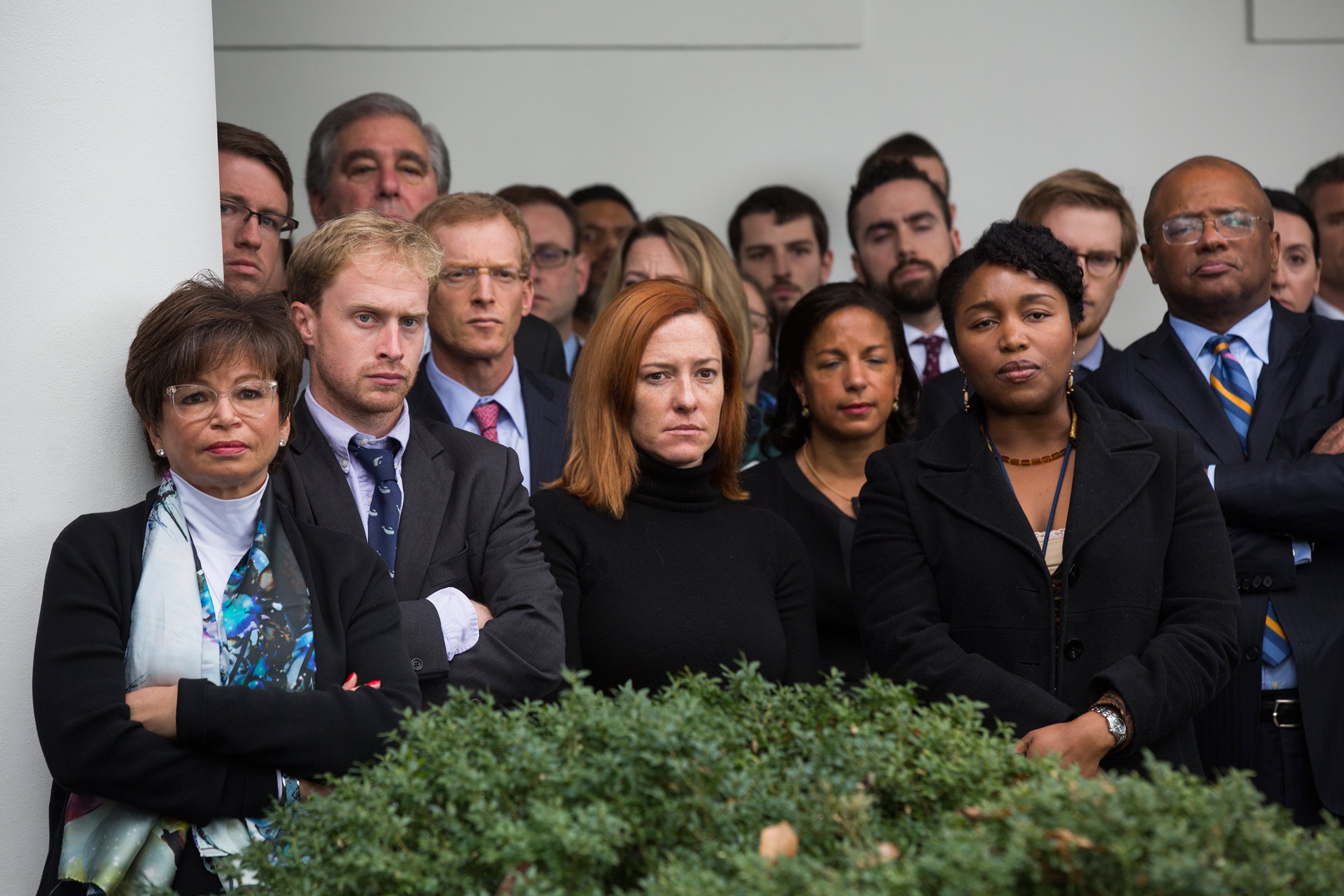 White House staff members listen to President Obama speak about Republican presidential nominee Donald Trump's victory over Democratic candidate Hillary Clinton for the presidency in the Rose Garden of the White House on Nov. 9.