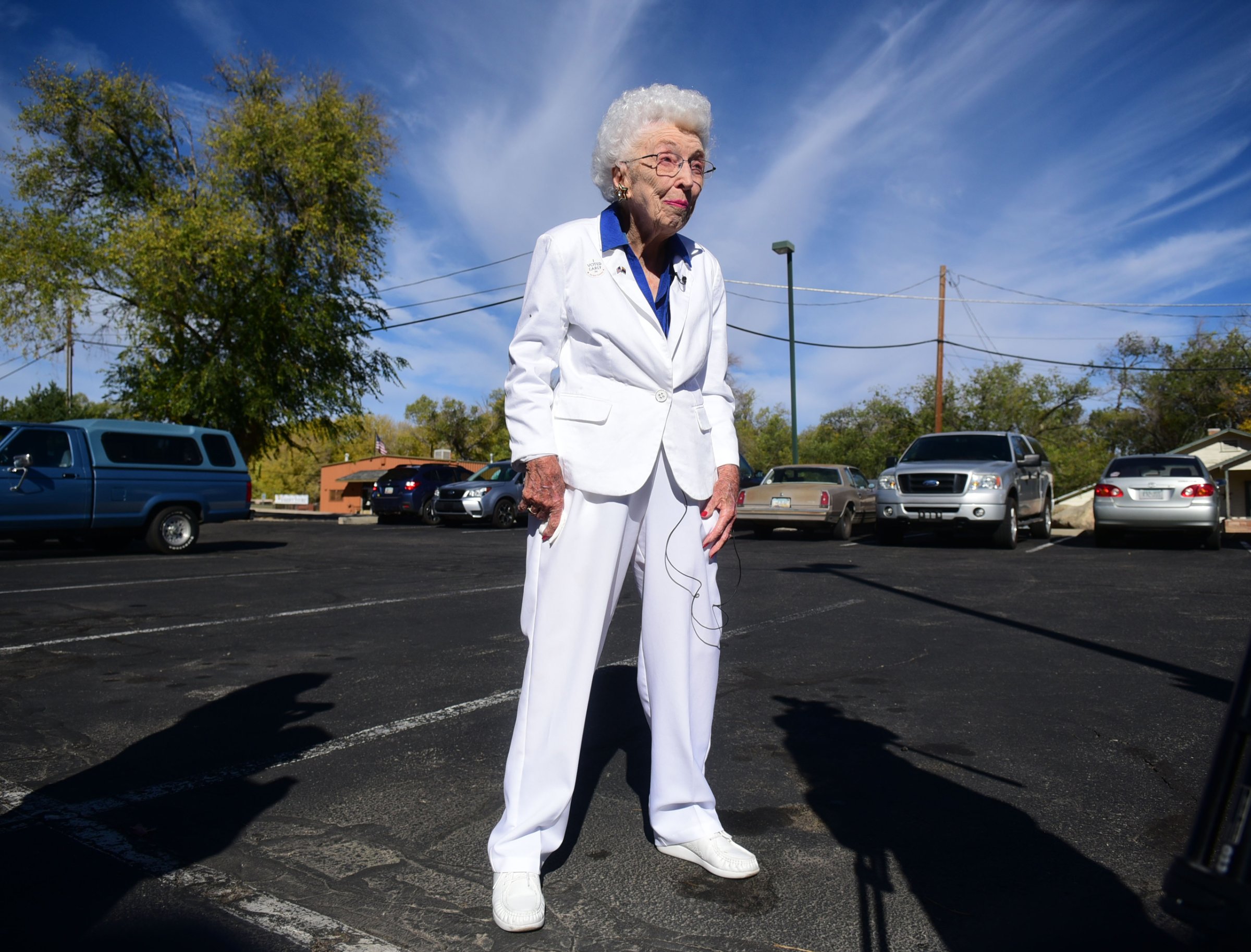 Jerry Emmett talks to reporters at the Yavapai County Administration Building after casting her early ballot in the 2016 presidential election in Prescott, Ariz., on Nov. 1, 2016. Emmett, who is 102 years old, voted for Franklin Delano Roosevelt in her first Presidential election. "I am getting to vote for Hillary Clinton for president which has been my dream since Bill Clinton was President." Emmett said.