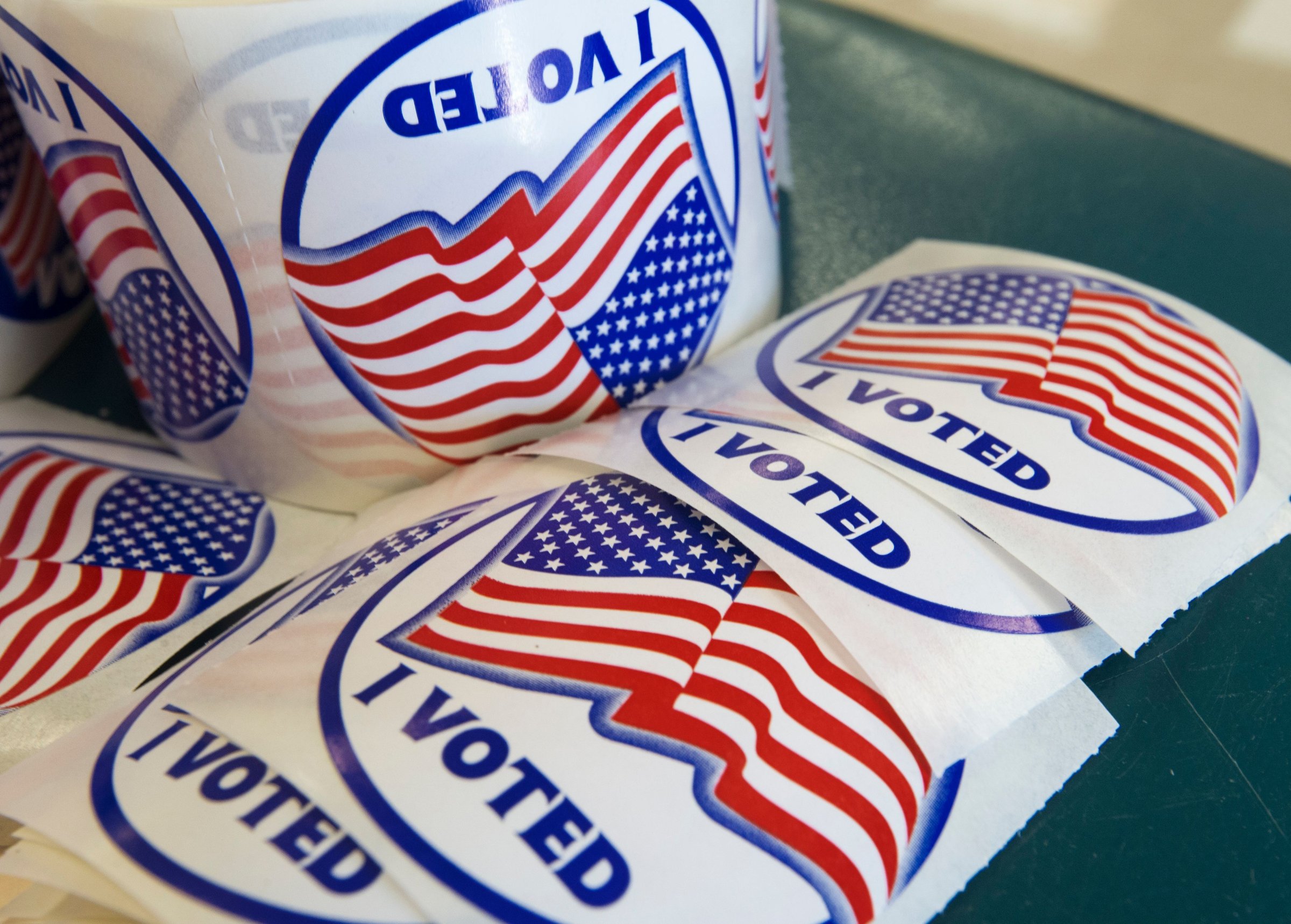 "I voted" stickers, given to those who vote, are seen November 8, 2016, at Colin Powwell Elementary School, in Centreville, Virginia.