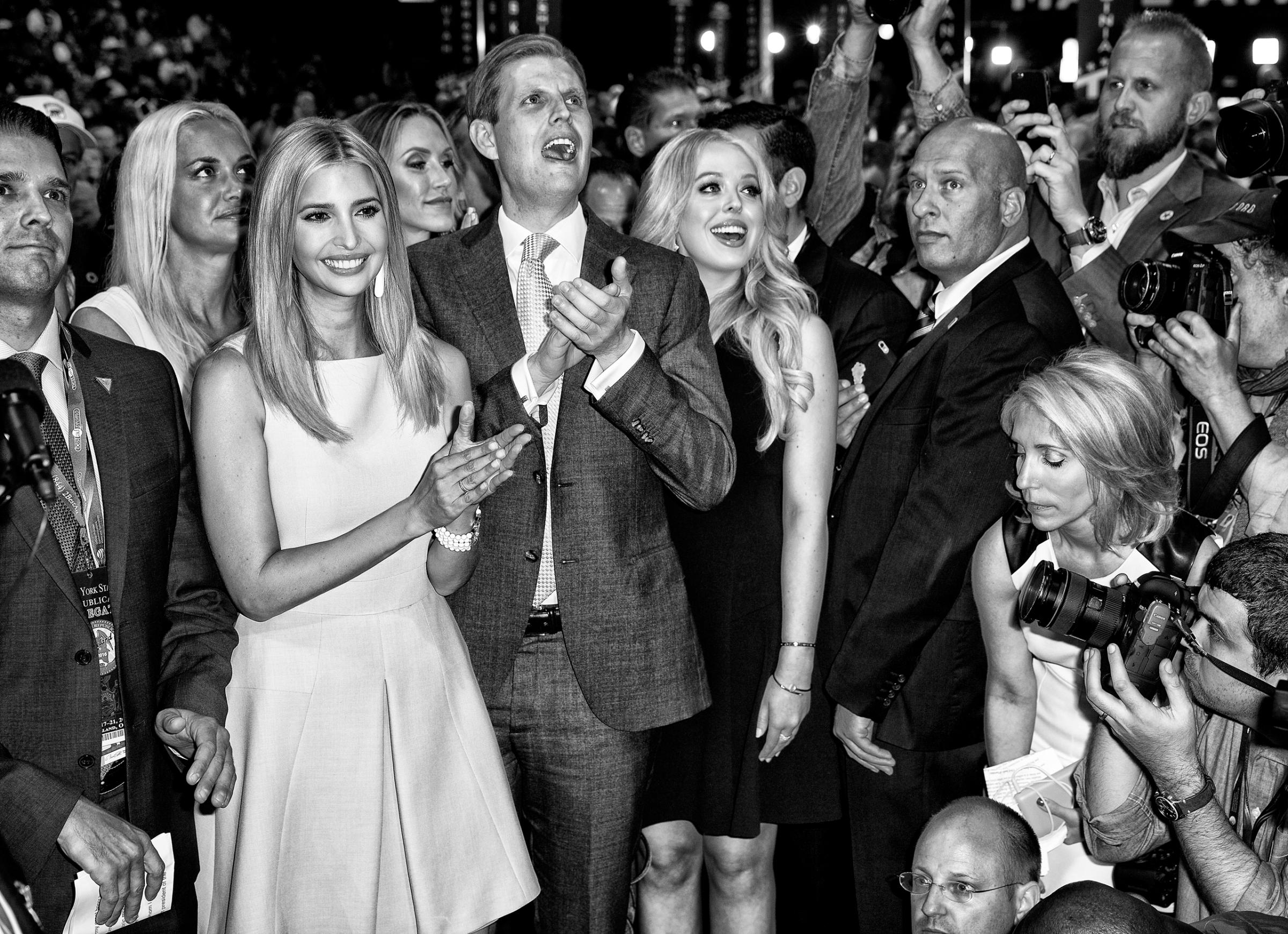 Donald Trump's family cheers for him during the Republican National Convention in Cleveland, Ohio, on July 19, 2016.