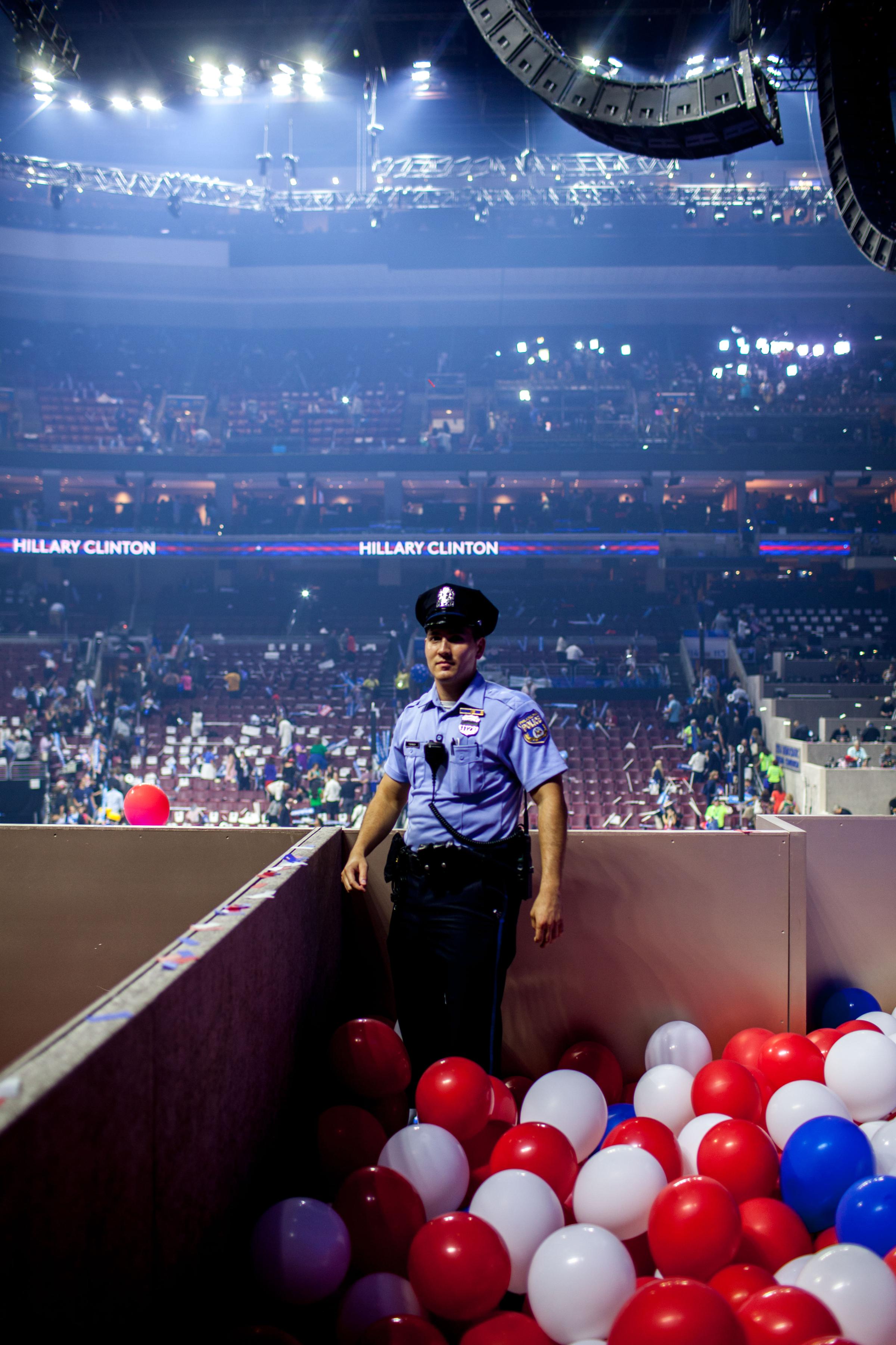 Security backstage on the fourth day of the Democratic National Convention at the Wells Fargo Center in Philadelphia, Pennsylvania, on July 28, 2016.