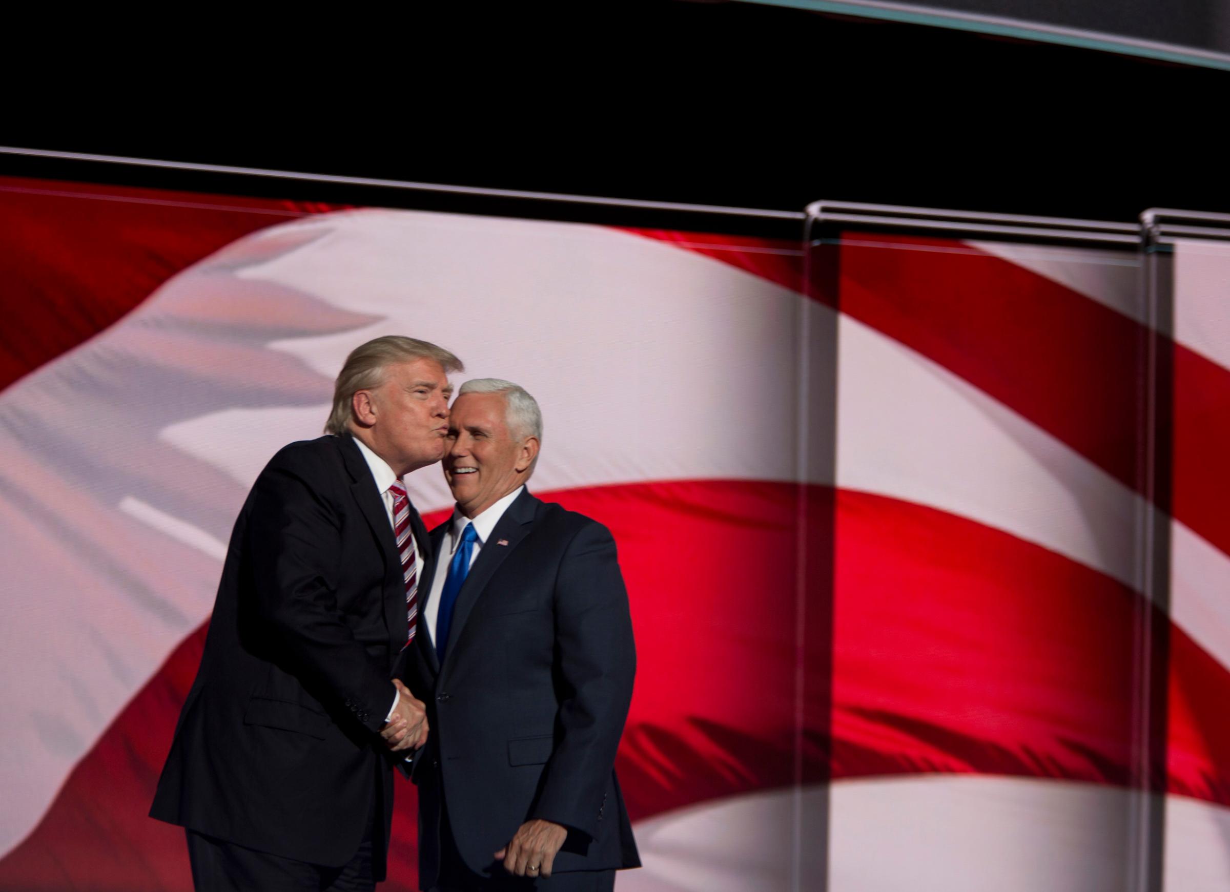 Donald Trump and  Mike Pence on stage at the 2016 Republican National Convention in Cleveland, Ohio, on July 20, 2016.