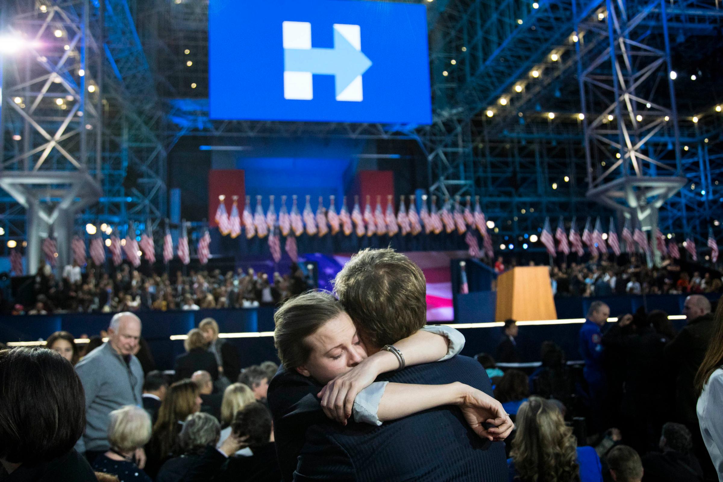 Supporters of Democratic presidential nominee Hillary Clinton embrace at the Javits Center in New York on Nov. 8, 2016.