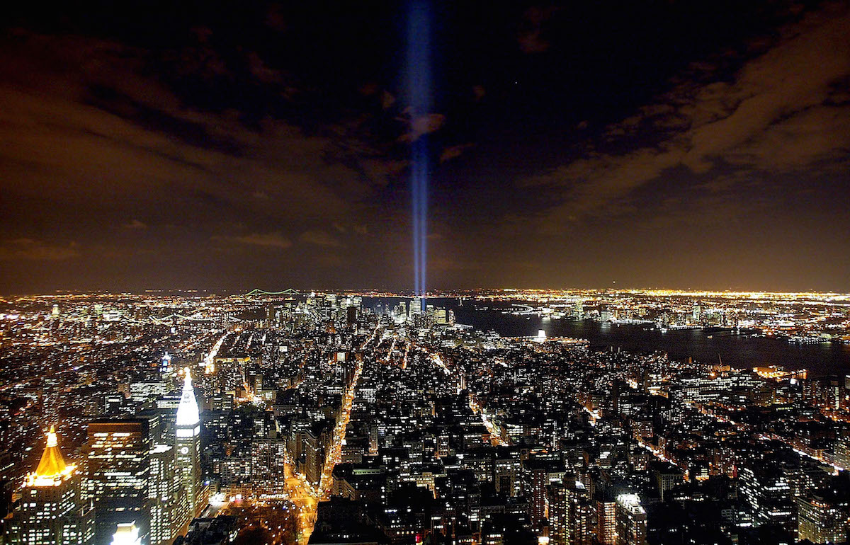 The "Tribute in Light" memorial to the World Trade Center is seen from the Empire State Building April 3, 2002 in New York City. (Mario Tama / Getty Images)