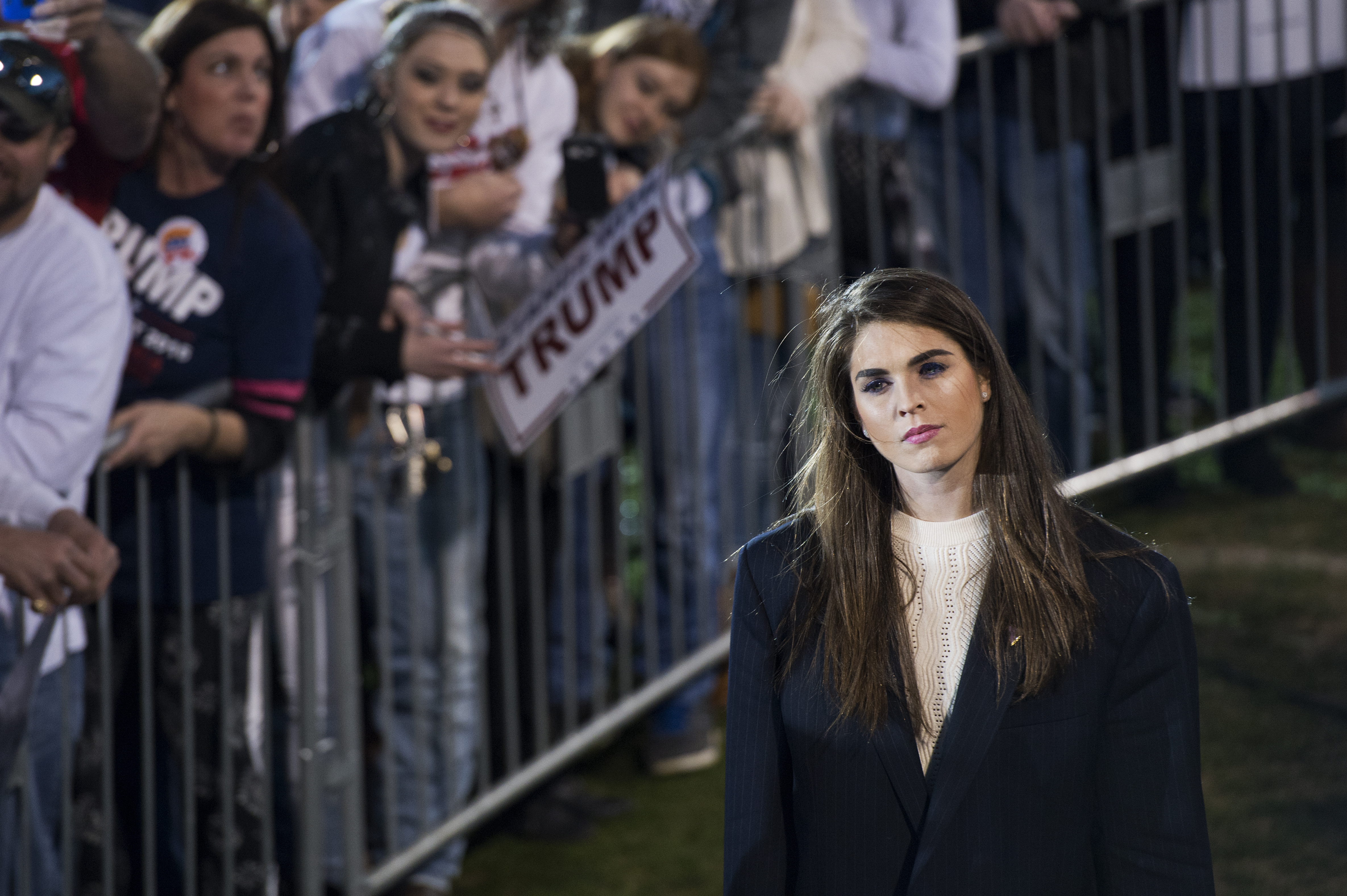 Hope Hicks, communications aide for Republican presidential candidate Donald Trump, attends a campaign rally at Madison City Schools Stadium in Madison, Ala., on Feb. 28, 2016 (Tom Williams—AP)