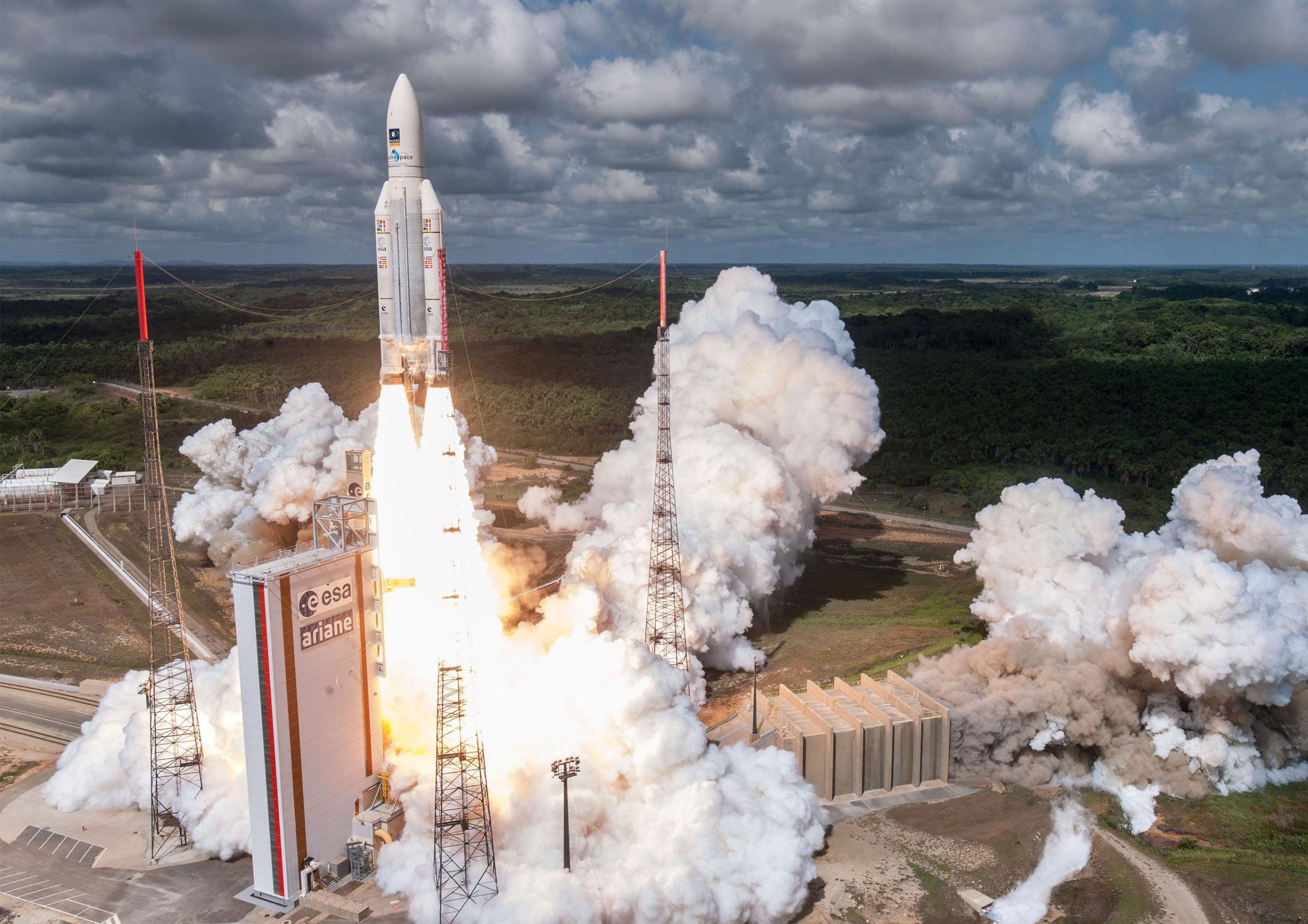 This photo released on Nov. 17, 2016 shows shows the Ariane 5 rocket with a payload of four Galileo satellites lifting off from ESA's European Spaceport in Kourou, French Guiana.